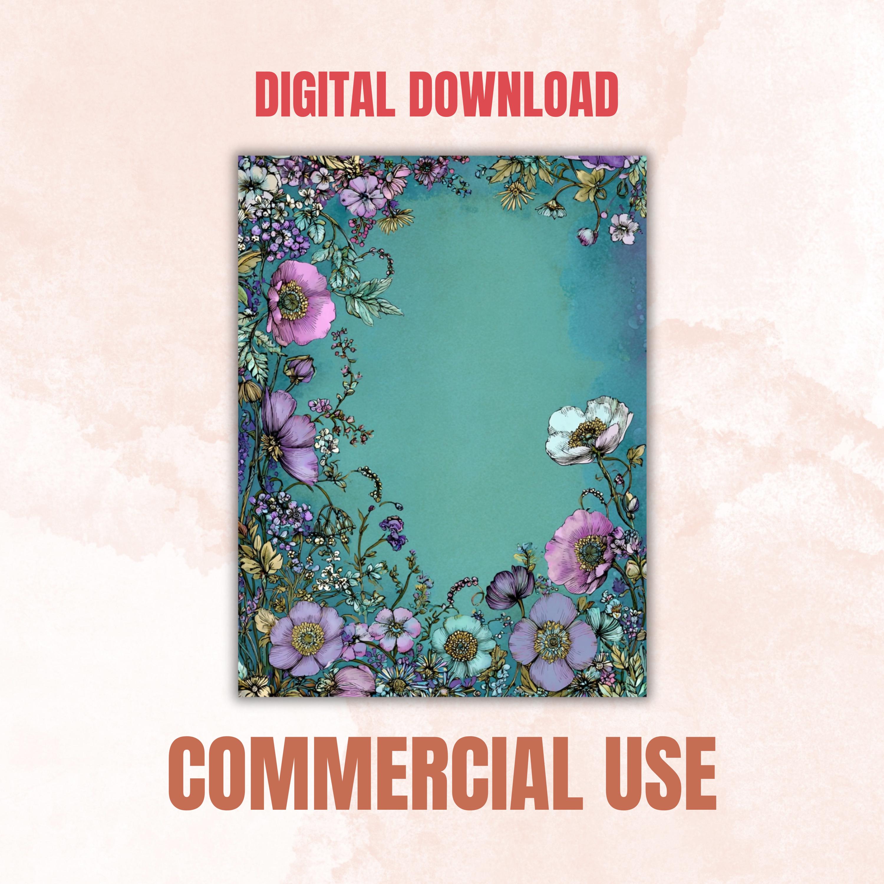 Floral Lined Journal Papers, Floral Ephemera Pages, Flower Junk Journal Pages, Printable Botanical Border, Vintage Neutral Frame Ephemera