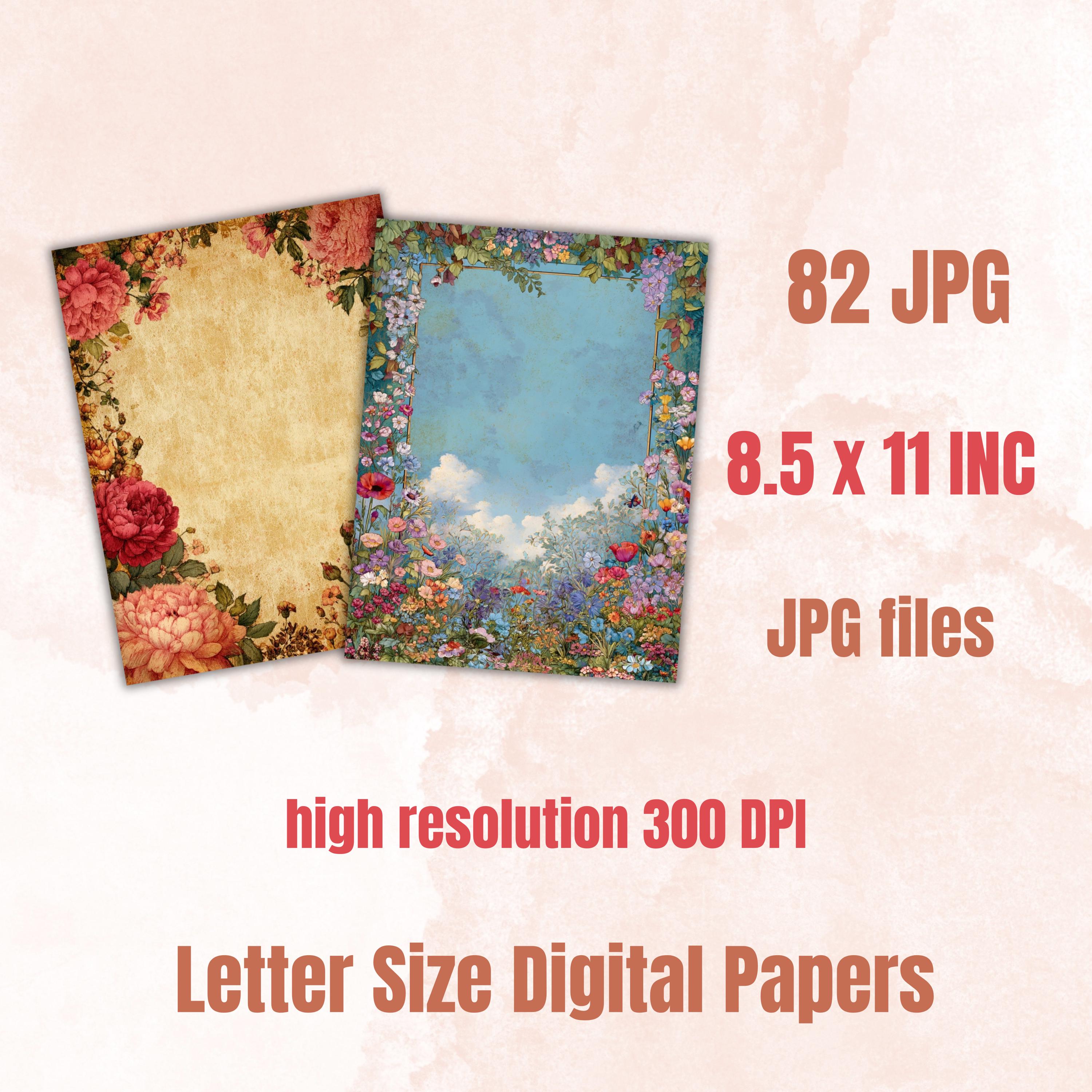Floral Lined Journal Papers, Floral Ephemera Pages, Flower Junk Journal Pages, Printable Botanical Border, Vintage Neutral Frame Ephemera