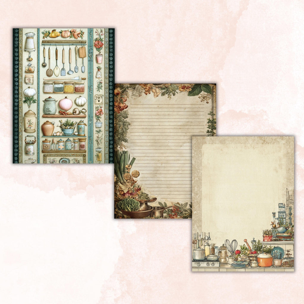 Kitchen Border Lined Pages Printable, Letter Size Cooking Writing Paper Recipe Journal Pages Commercial Use