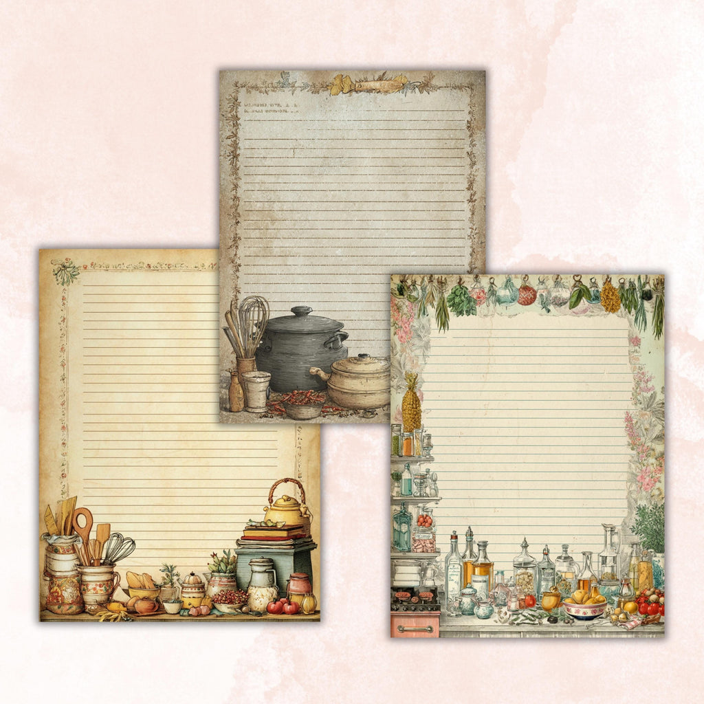 Kitchen Border Lined Pages Printable, Letter Size Cooking Writing Paper Recipe Journal Pages Commercial Use