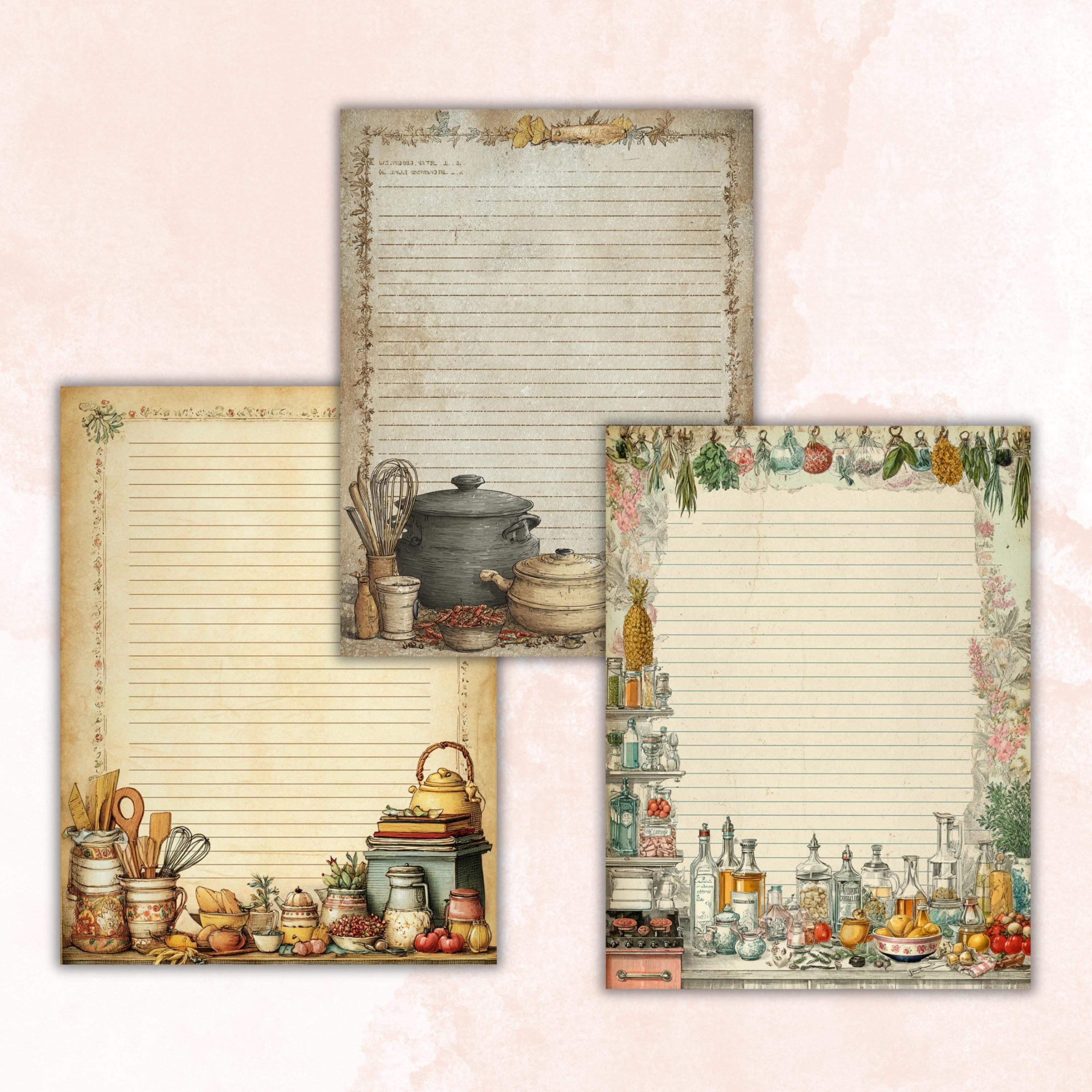 Kitchen Border Lined Pages Printable, Letter Size Cooking Writing Paper Recipe Journal Pages Commercial Use
