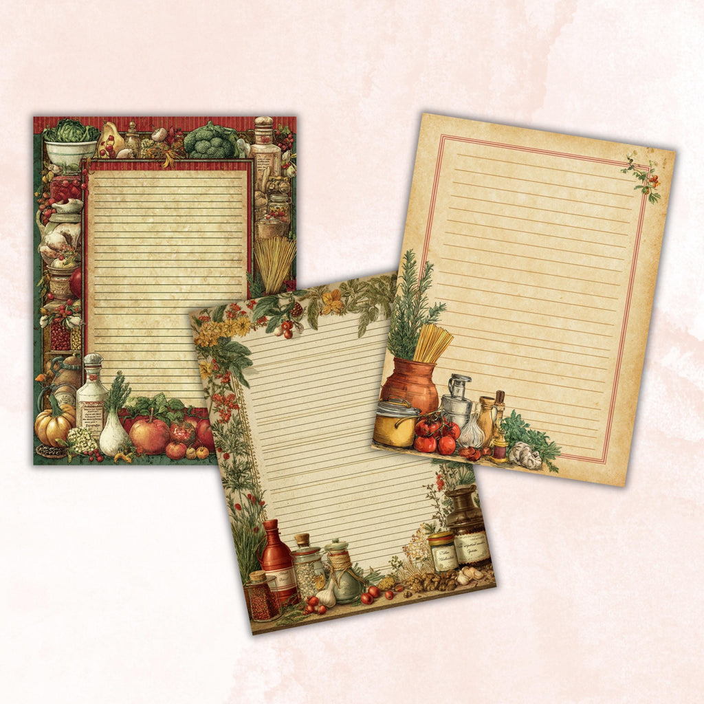 Kitchen Border Lined Pages Printable, Letter Size Cooking Writing Paper Recipe Journal Pages Commercial Use