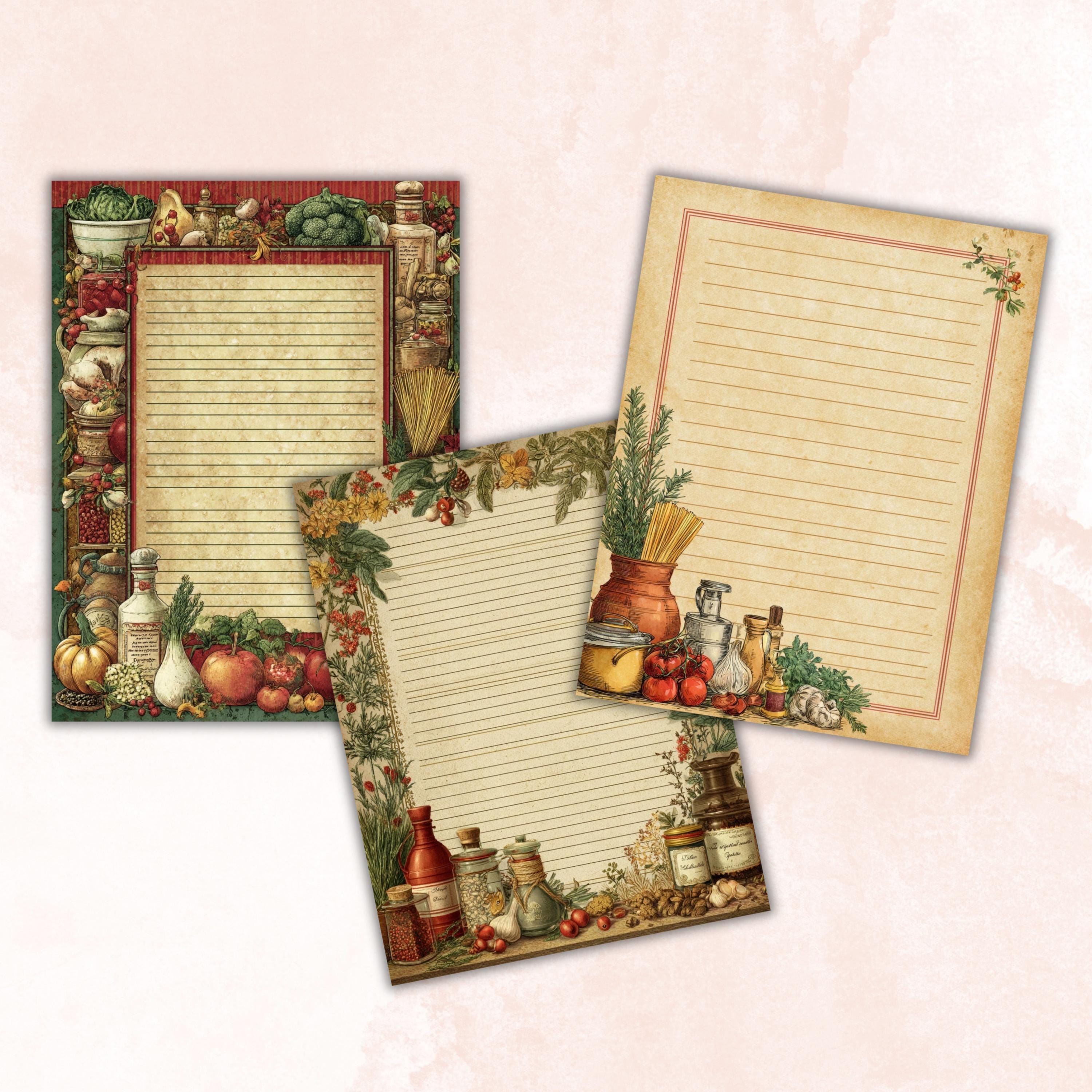 Kitchen Border Lined Pages Printable, Letter Size Cooking Writing Paper Recipe Journal Pages Commercial Use