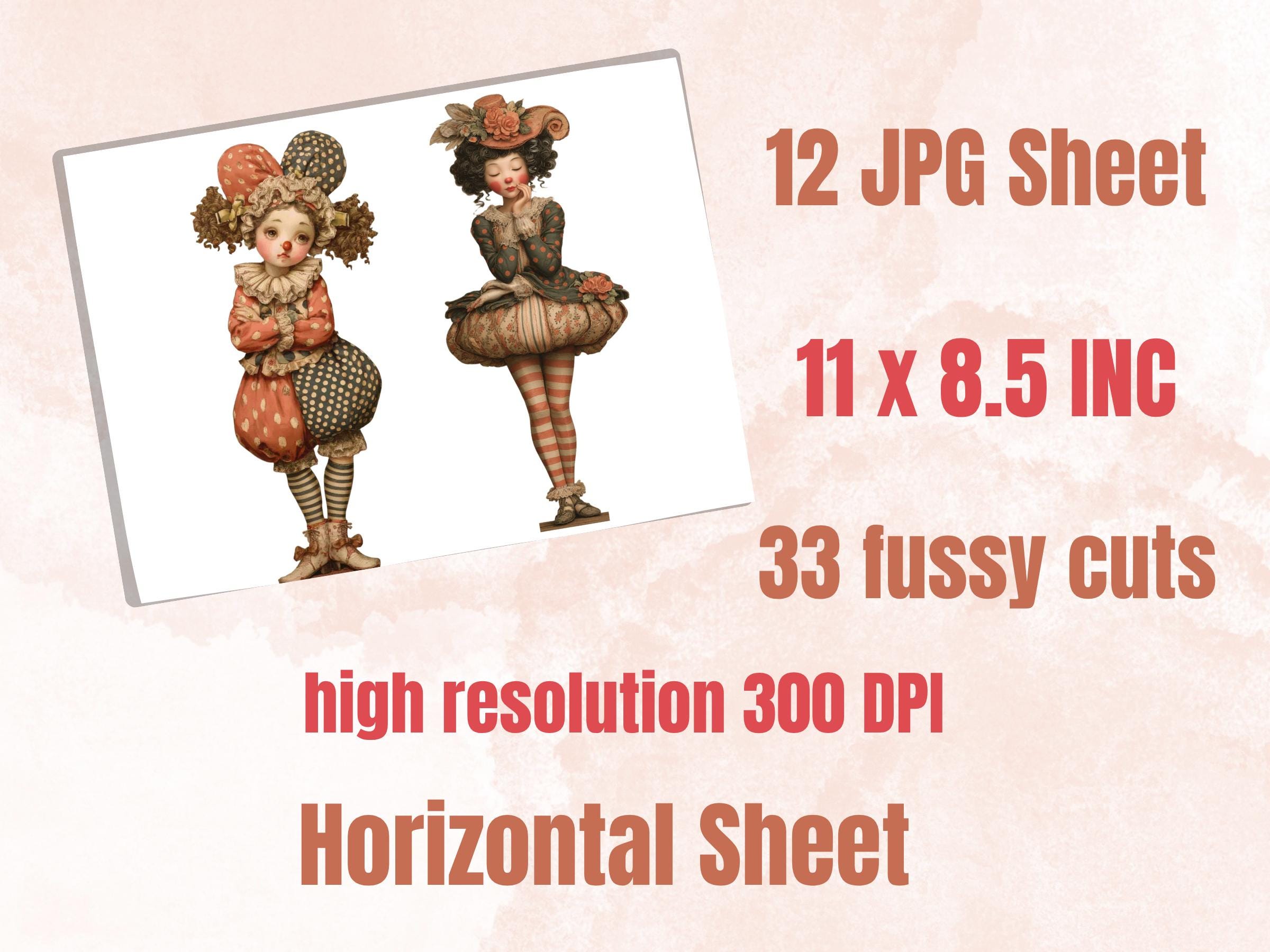 Whimsical Clown Girl Fussy Cut, 33 Cute Creepy Clown Cutouts, Circus Ephemera Junk Journal Scrapbook, Paper Dolls