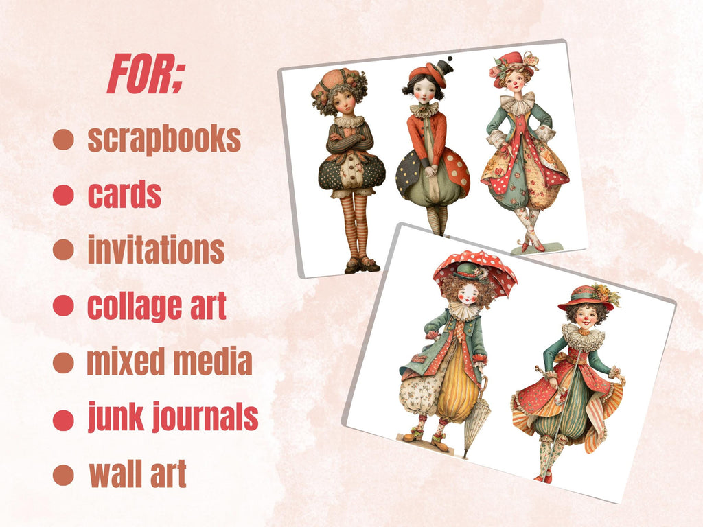 Whimsical Clown Girl Fussy Cut, 33 Cute Creepy Clown Cutouts, Circus Ephemera Junk Journal Scrapbook, Paper Dolls