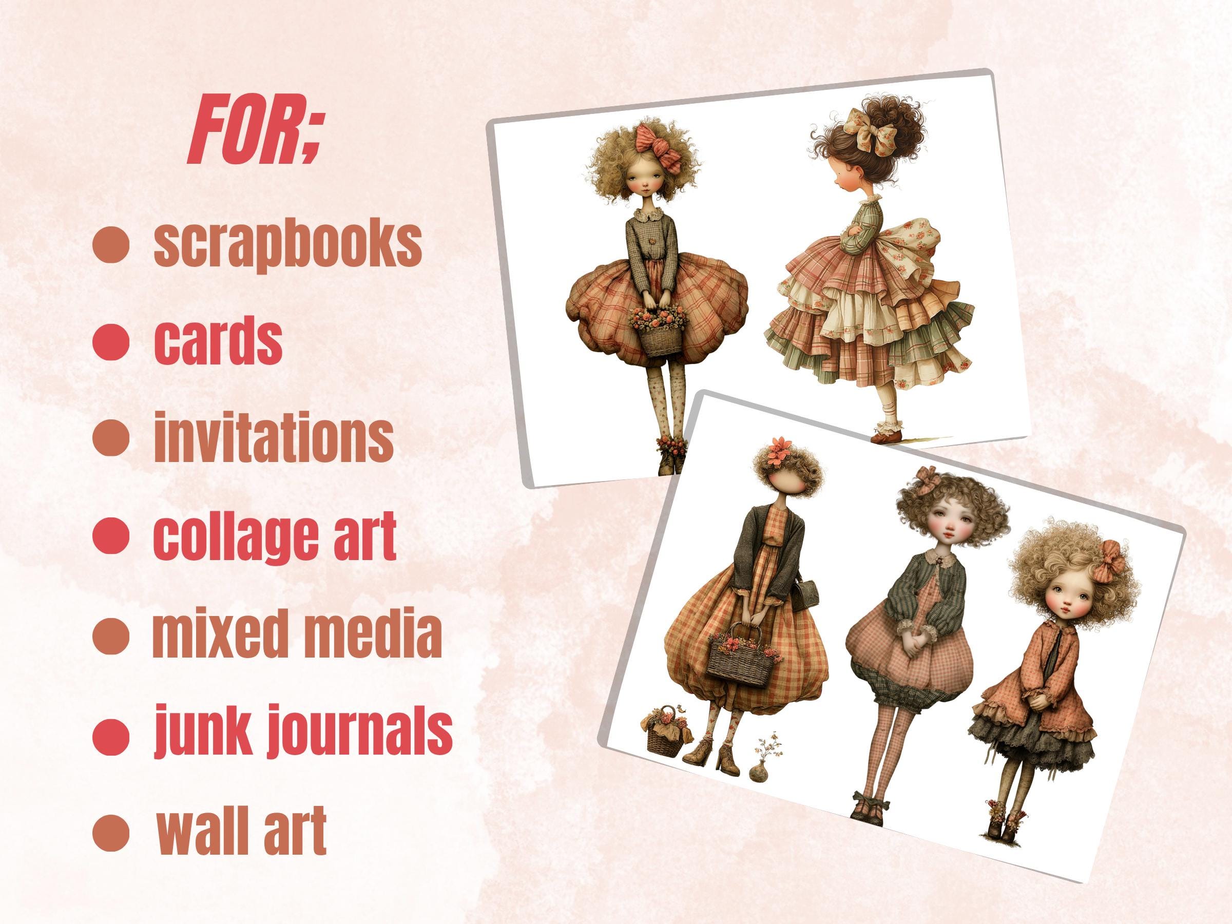 Whimsical Plaid Girls Fussy Cut, 38 Quirky Gingham Girl Cutouts, Cottagecore Ephemera Junk Journal Scrapbook, Paper Dolls