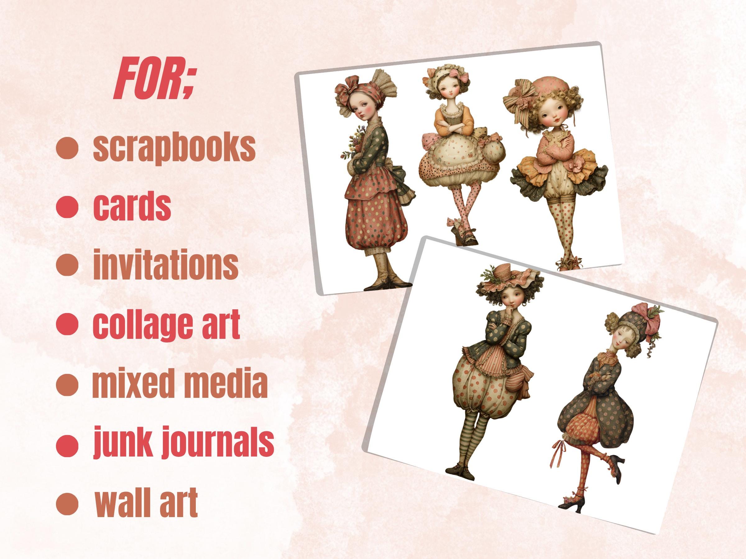 Whimsical Polka Dot Girls Fussy Cut, 30 Quirky Pattern Girl Cutouts, Scrapbook Ephemera Junk Journal Sheets, Paper Dolls