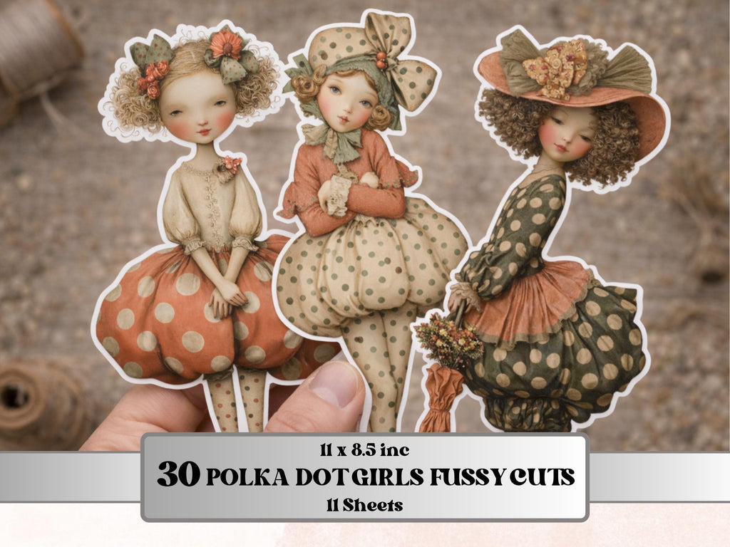 Whimsical Polka Dot Girls Fussy Cut, 30 Quirky Pattern Girl Cutouts, Scrapbook Ephemera Junk Journal Sheets, Paper Dolls