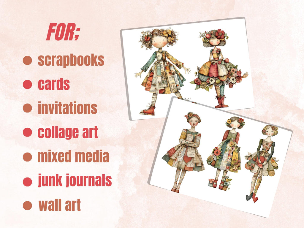 Paper Dolls Fussy Cut, 50 Whimsical Girl Cutouts, Printable Doll Ephemera Junk Journal, Quirky Scrapbook Sheets