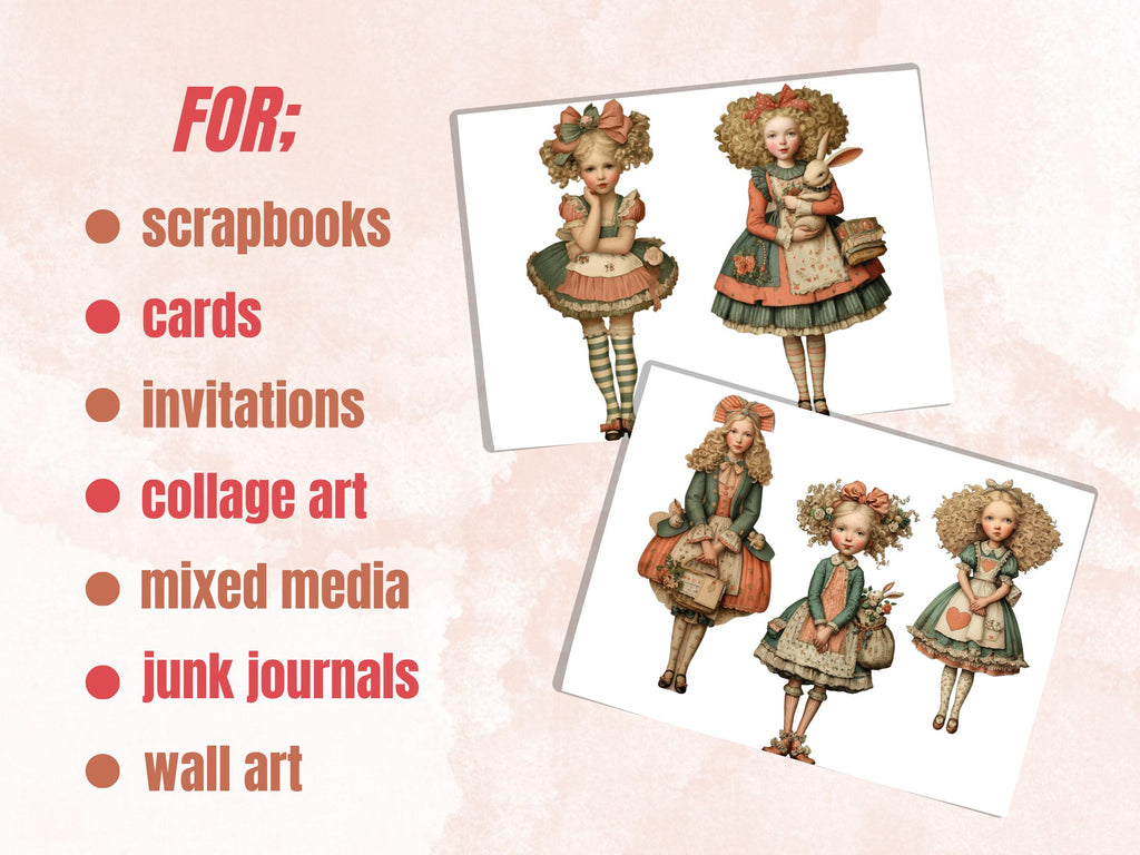 Alice Doll Fussy Cut Bundle, 38 Whimsical Wonderland Girl Cutouts, Fantasy Ephemera Junk Journal Scrapbook, Paper Dolls