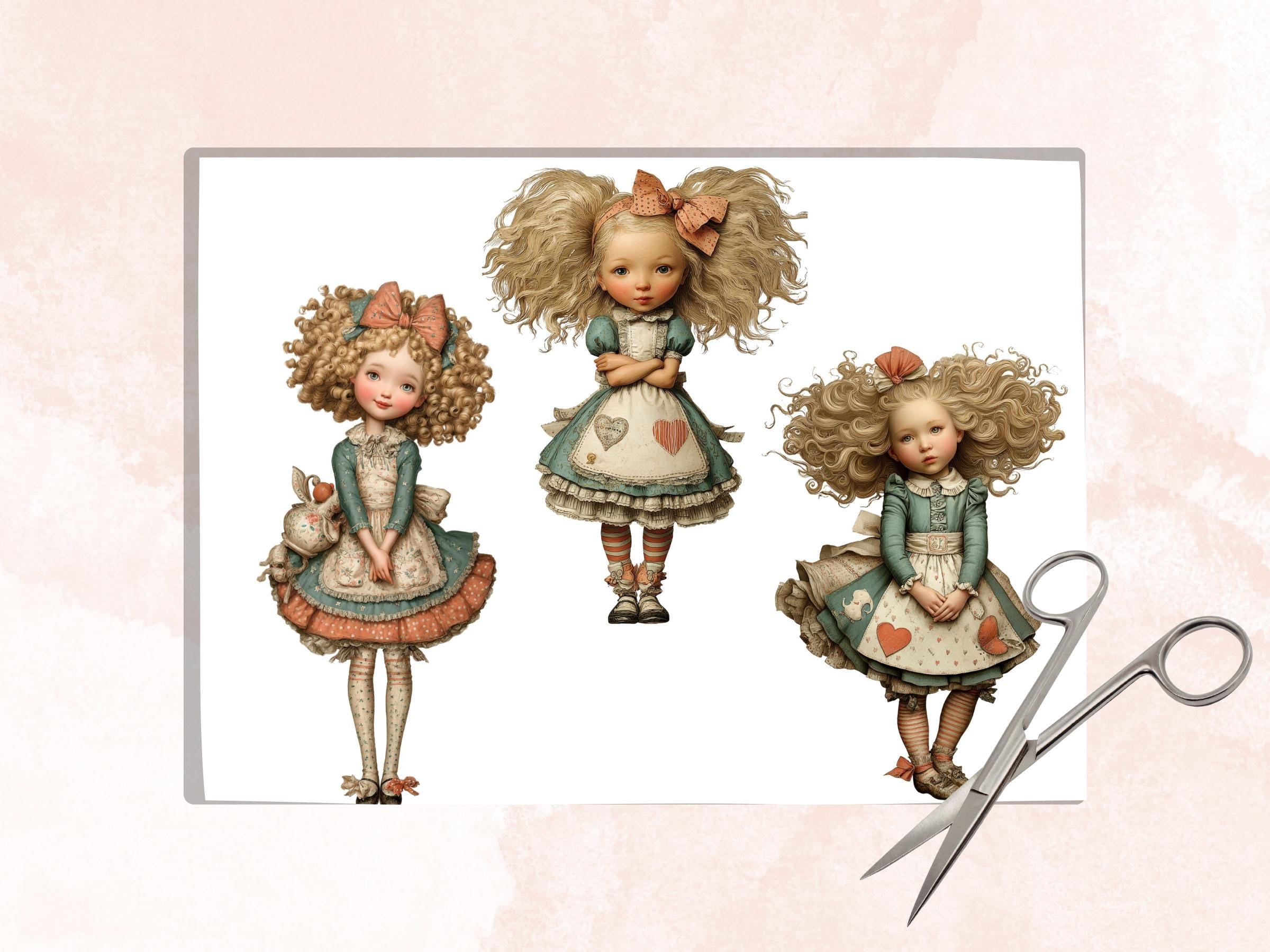 Alice Doll Fussy Cut Bundle, 38 Whimsical Wonderland Girl Cutouts, Fantasy Ephemera Junk Journal Scrapbook, Paper Dolls