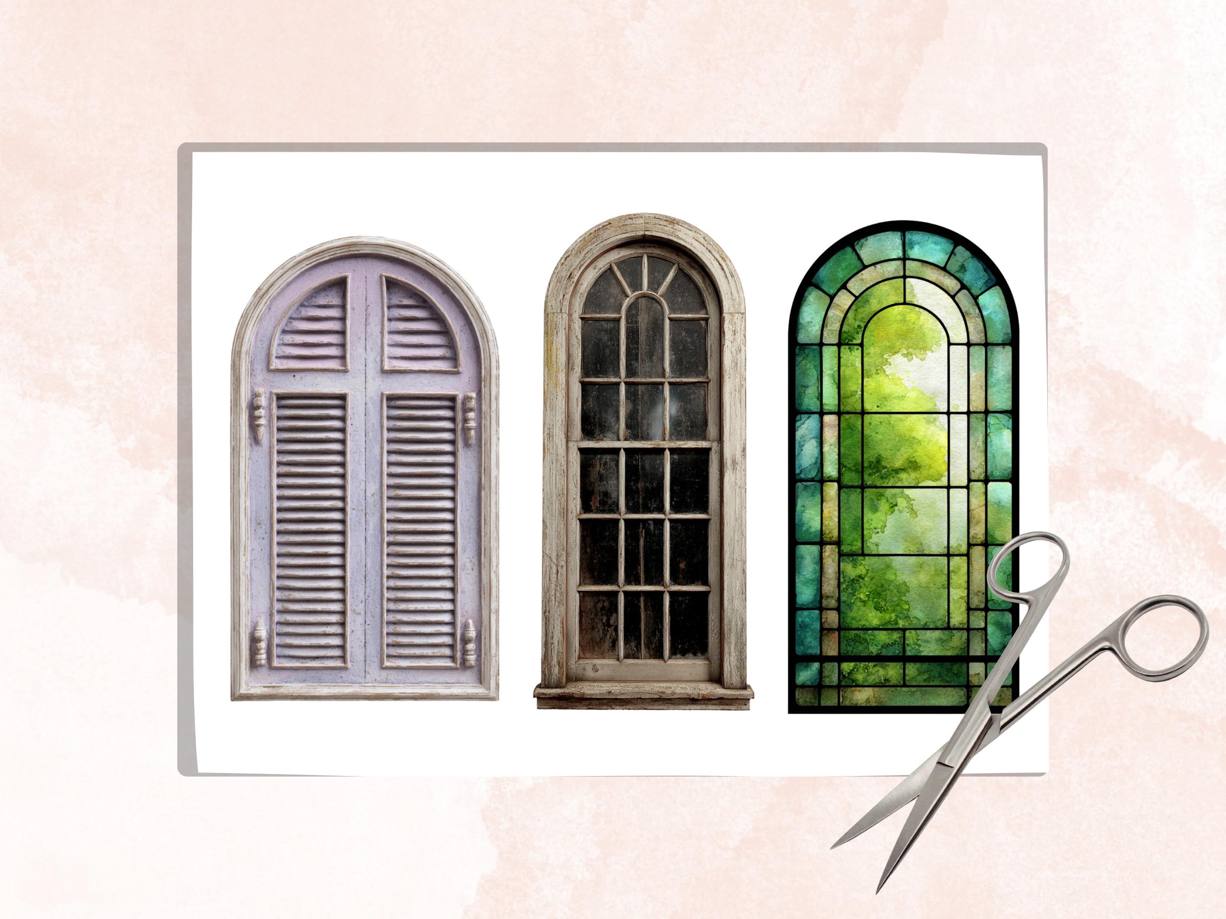Antique Windows Fussy Cut, 50 Vintage Fancy Window Cutouts, Victorian Decor for Junk Journal, Gothic Scrapbooking Collage Sheet