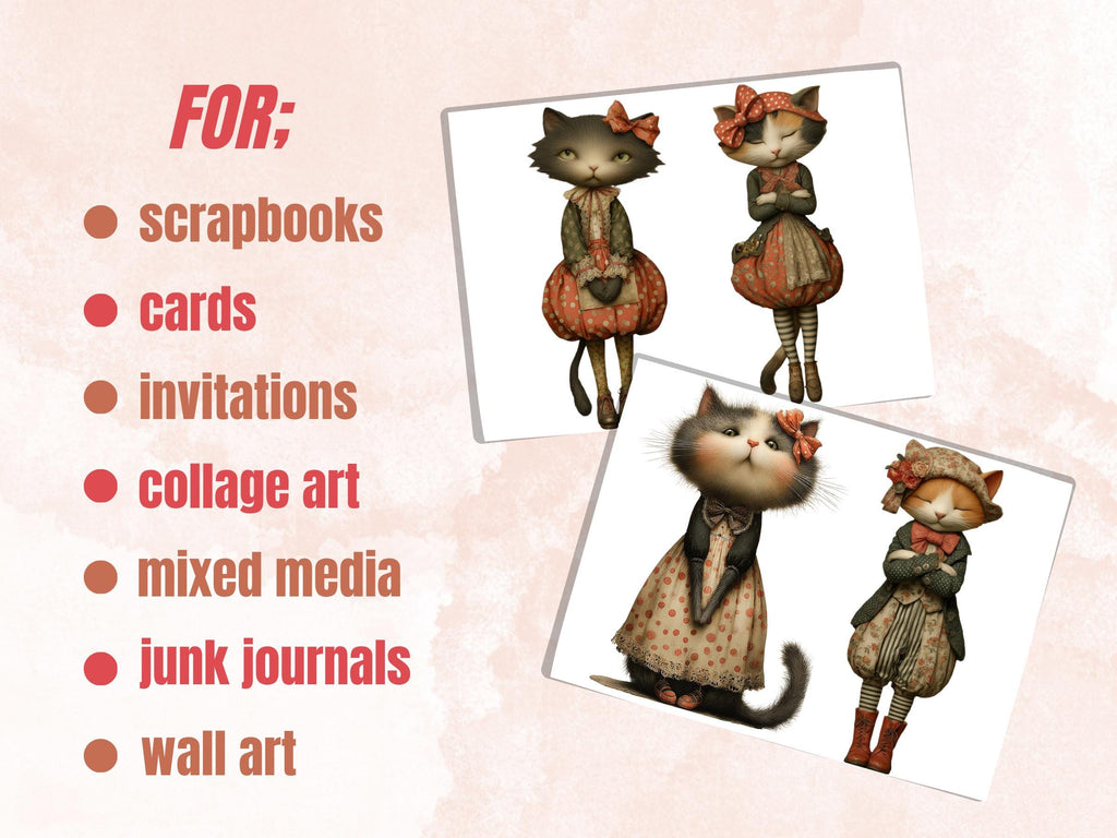 Quirky Cats Fussy Cut, 36 Whimsical Cat Cutouts, Victorian Ephemera Junk Journal Scrapbook Sheets, Printable Paper Dolls