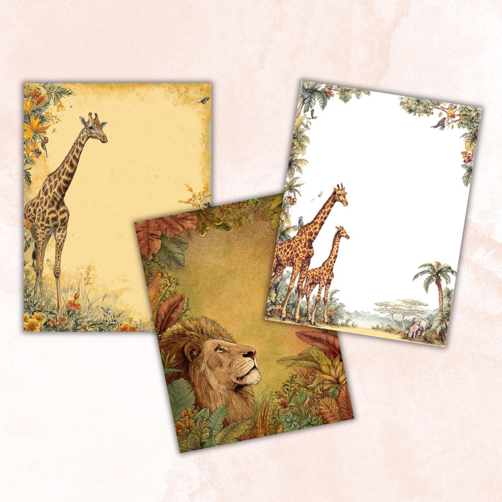 44 Safari Border Lined Pages Printable, Letter Size Jungle Animal Writing Paper Kids Stationery Commercial Use