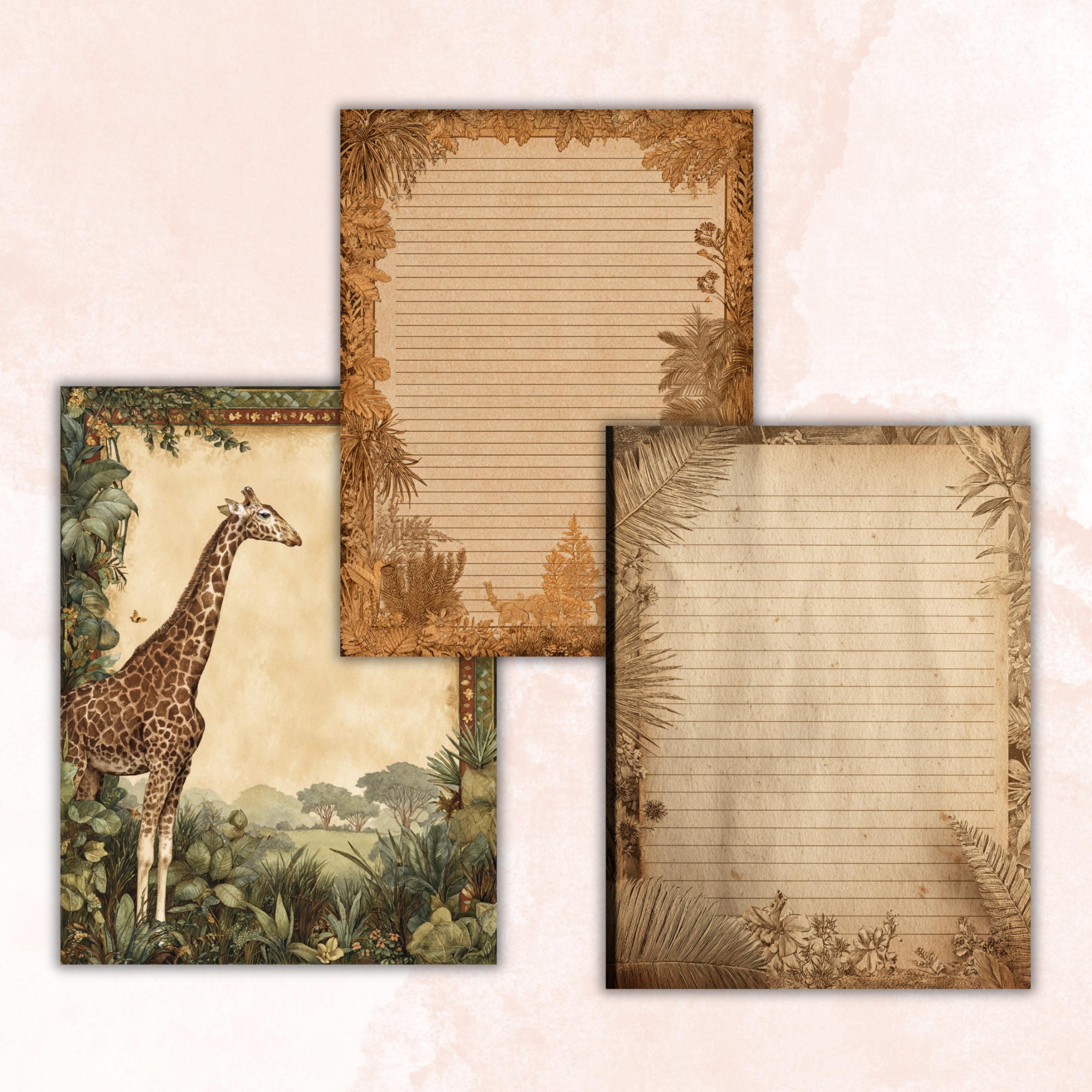 44 Safari Border Lined Pages Printable, Letter Size Jungle Animal Writing Paper Kids Stationery Commercial Use