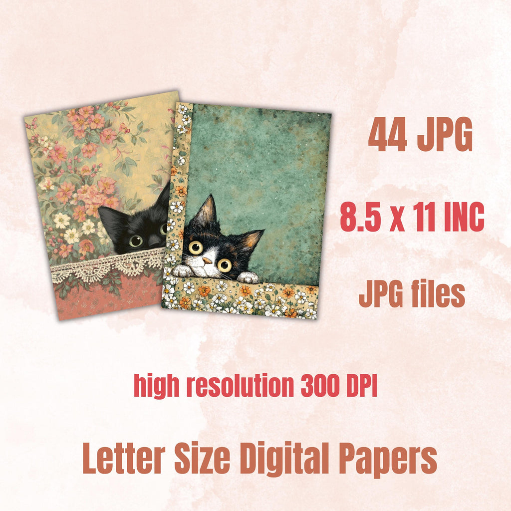 44 Peeking Cat Border Lined Pages Printable, Letter Size Cute Cat Writing Paper Stationery Commercial Use