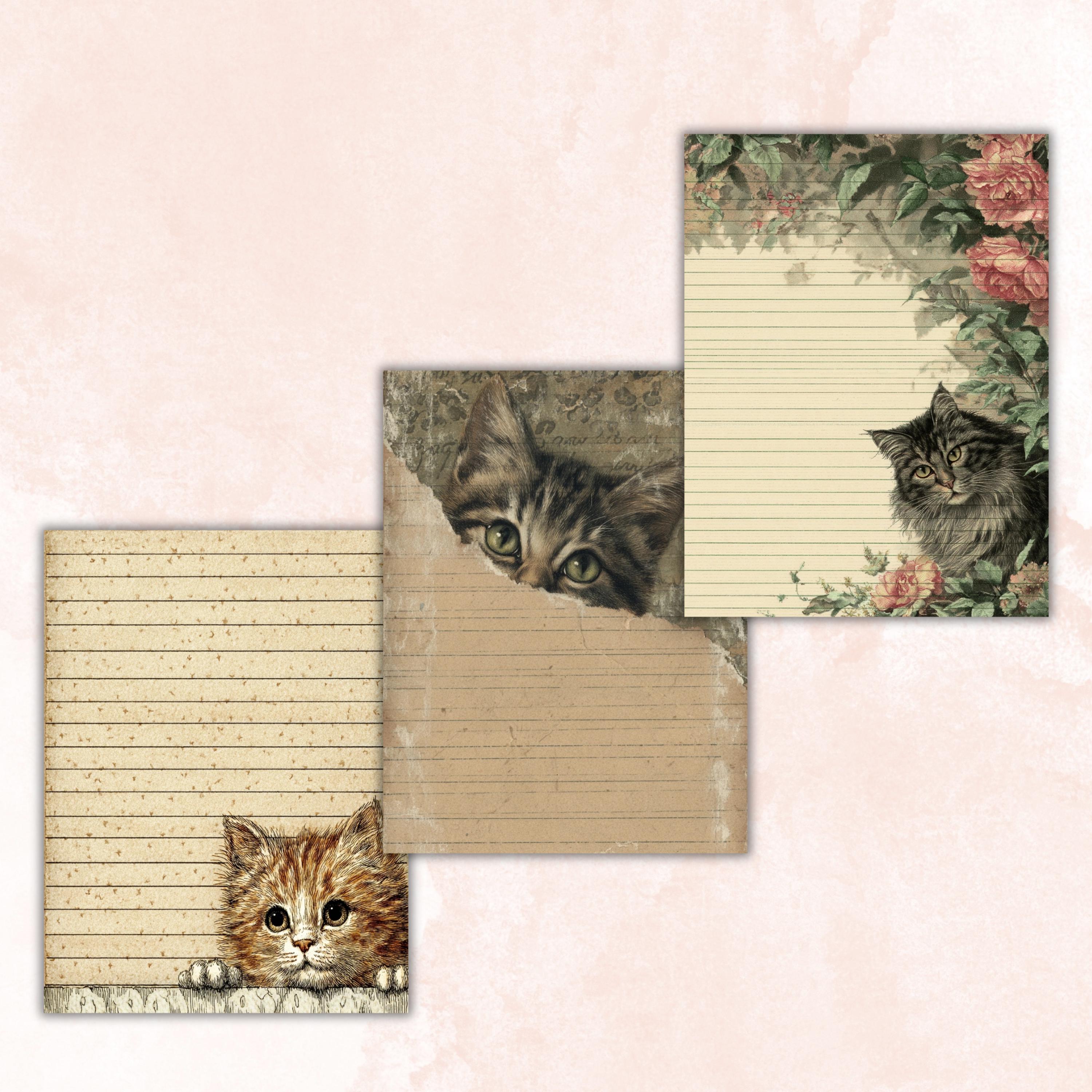 44 Peeking Cat Border Lined Pages Printable, Letter Size Cute Cat Writing Paper Stationery Commercial Use