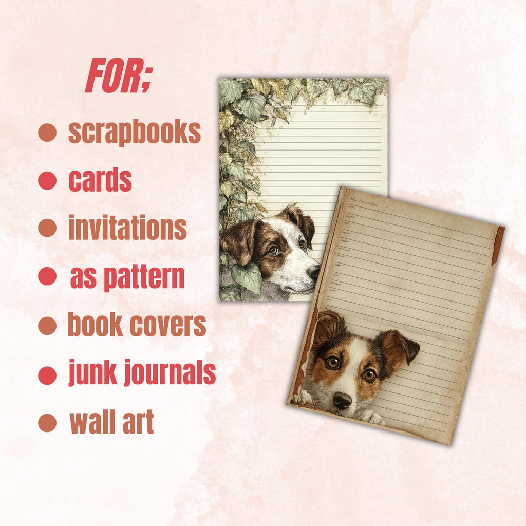 65 Peeking Dog Border Lined Pages Printable, Letter Size Cute Dog Writing Paper Stationery Commercial Use