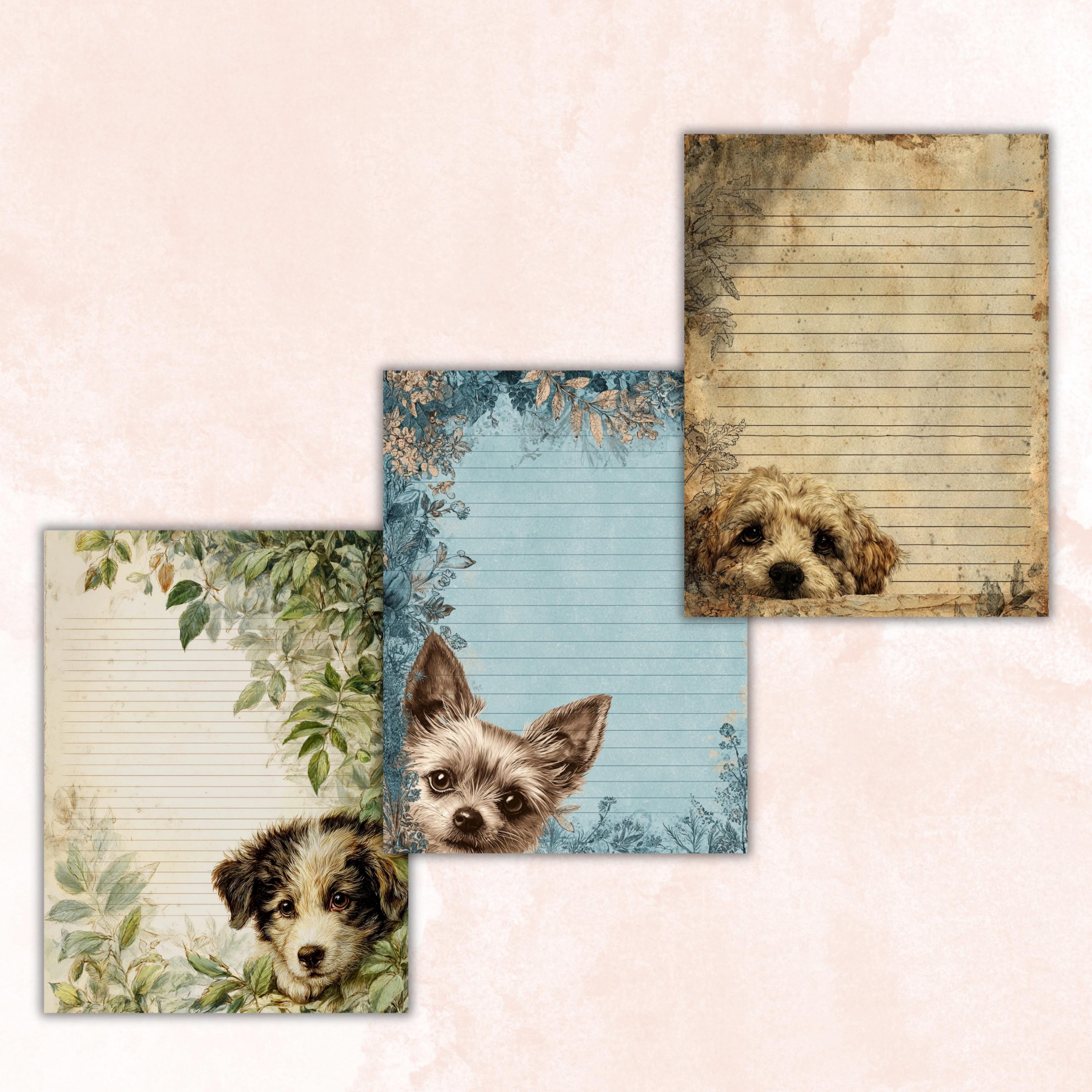 65 Peeking Dog Border Lined Pages Printable, Letter Size Cute Dog Writing Paper Stationery Commercial Use
