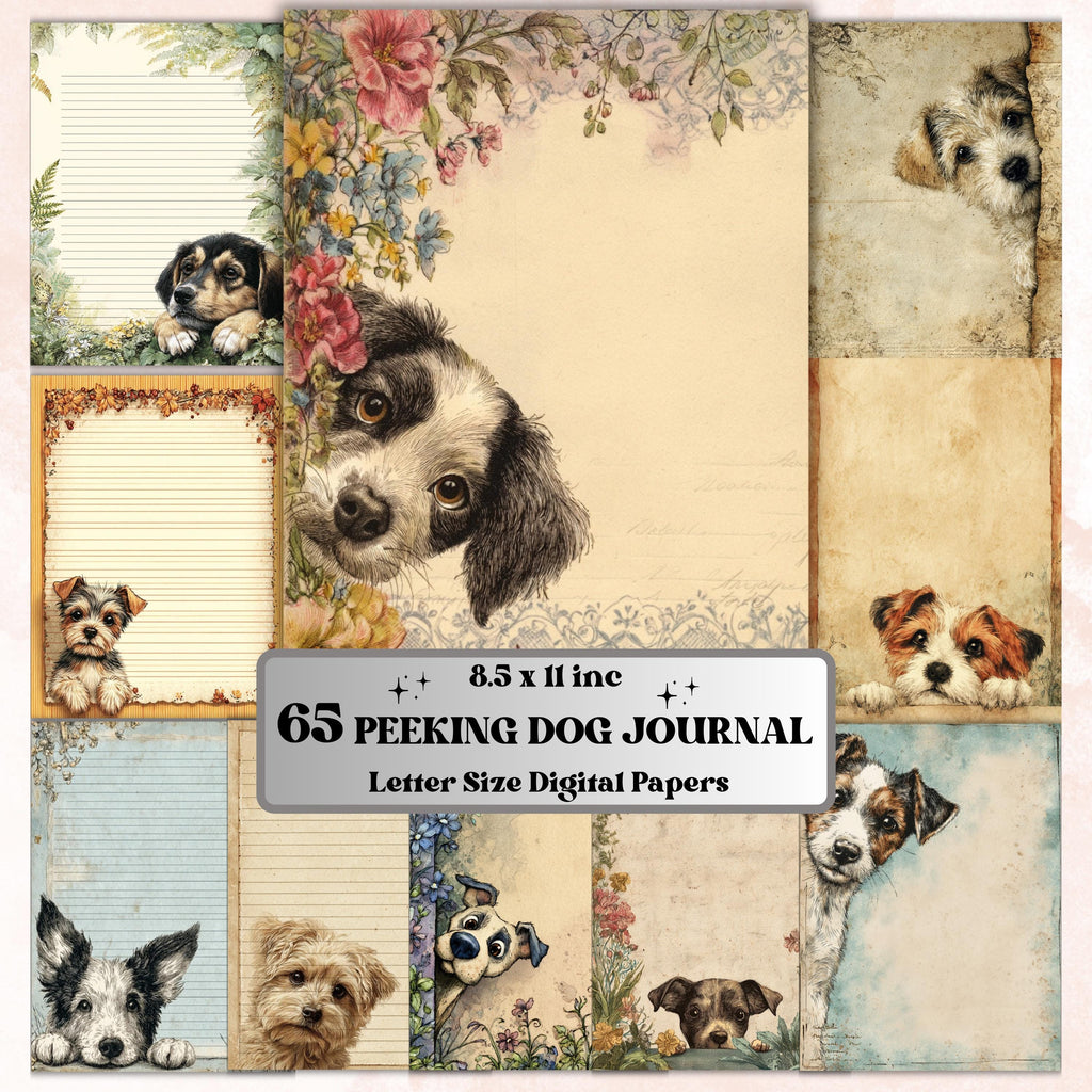 65 Peeking Dog Border Lined Pages Printable, Letter Size Cute Dog Writing Paper Stationery Commercial Use