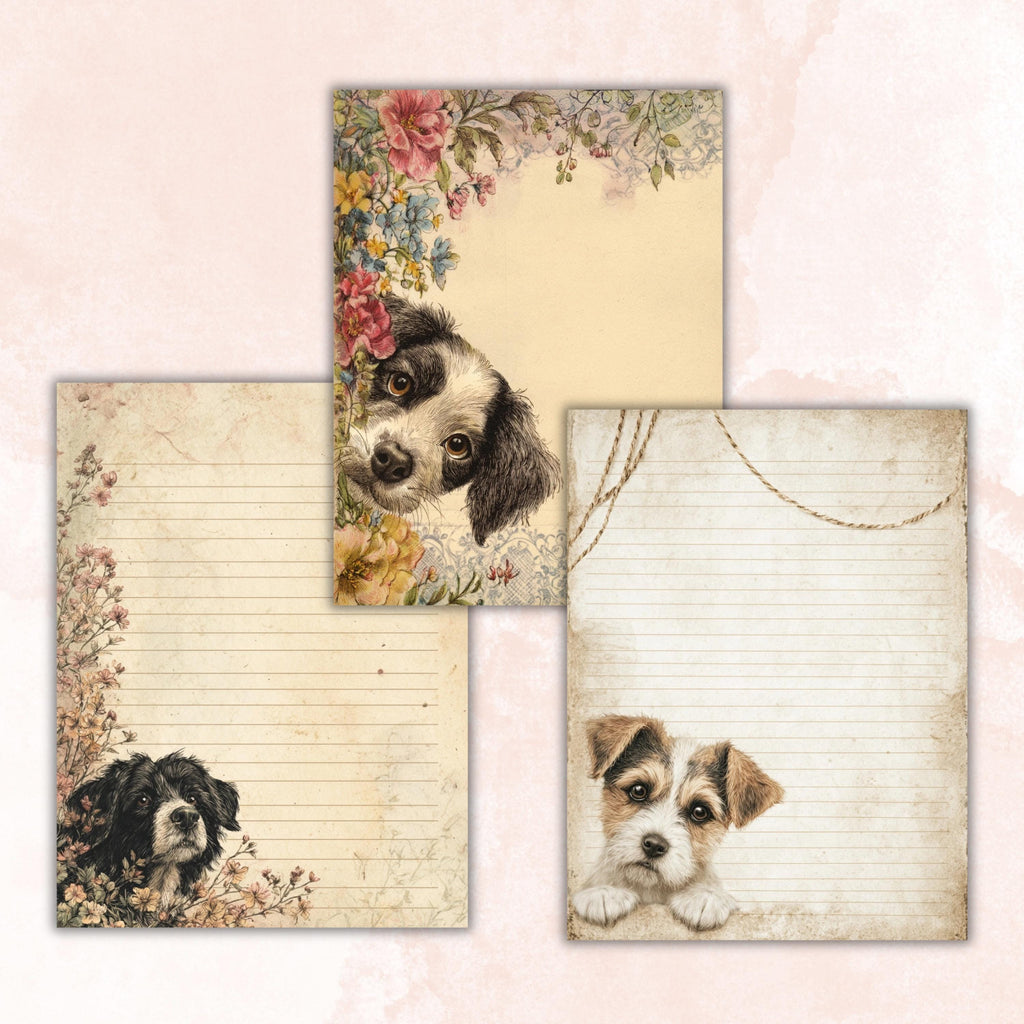 65 Peeking Dog Border Lined Pages Printable, Letter Size Cute Dog Writing Paper Stationery Commercial Use