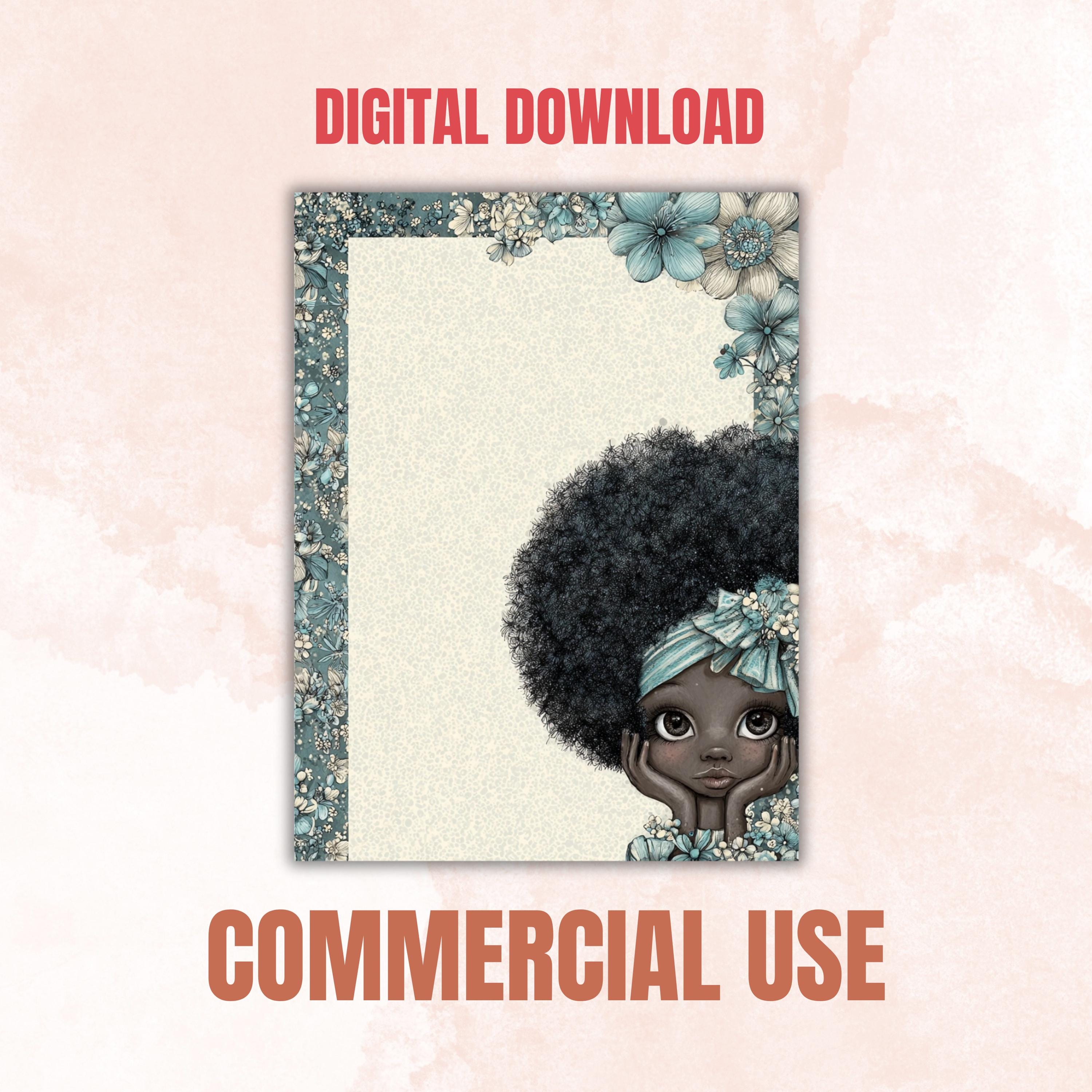 41 Peeking Black Girl Border Lined Pages Printable, Letter Size Afro Girl Writing Paper Stationery Commercial Use