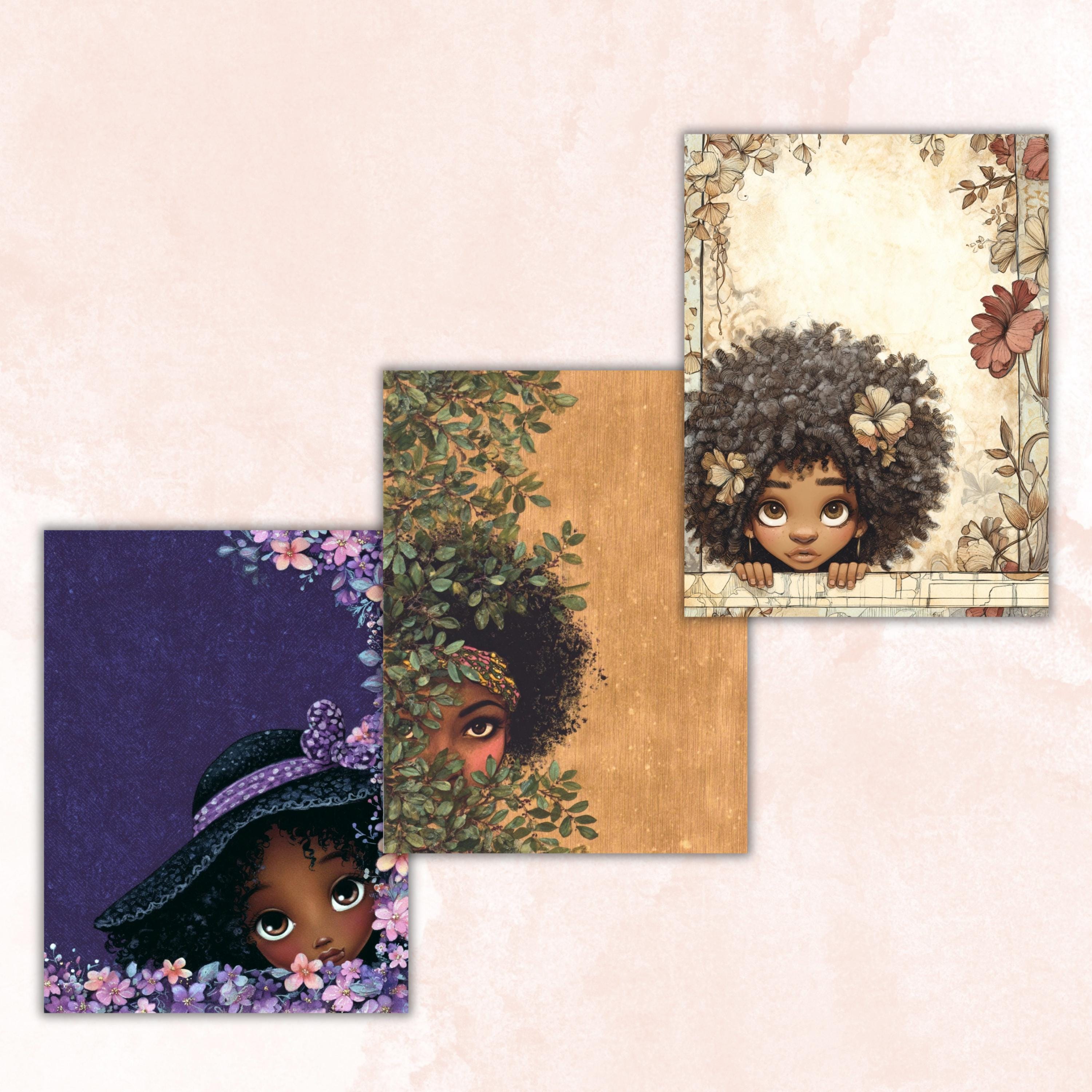 41 Peeking Black Girl Border Lined Pages Printable, Letter Size Afro Girl Writing Paper Stationery Commercial Use