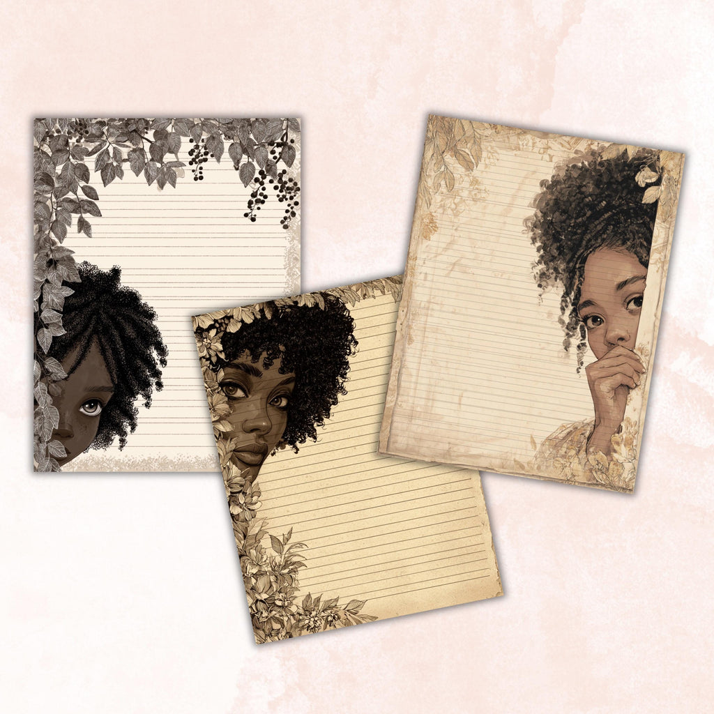 41 Peeking Black Girl Border Lined Pages Printable, Letter Size Afro Girl Writing Paper Stationery Commercial Use