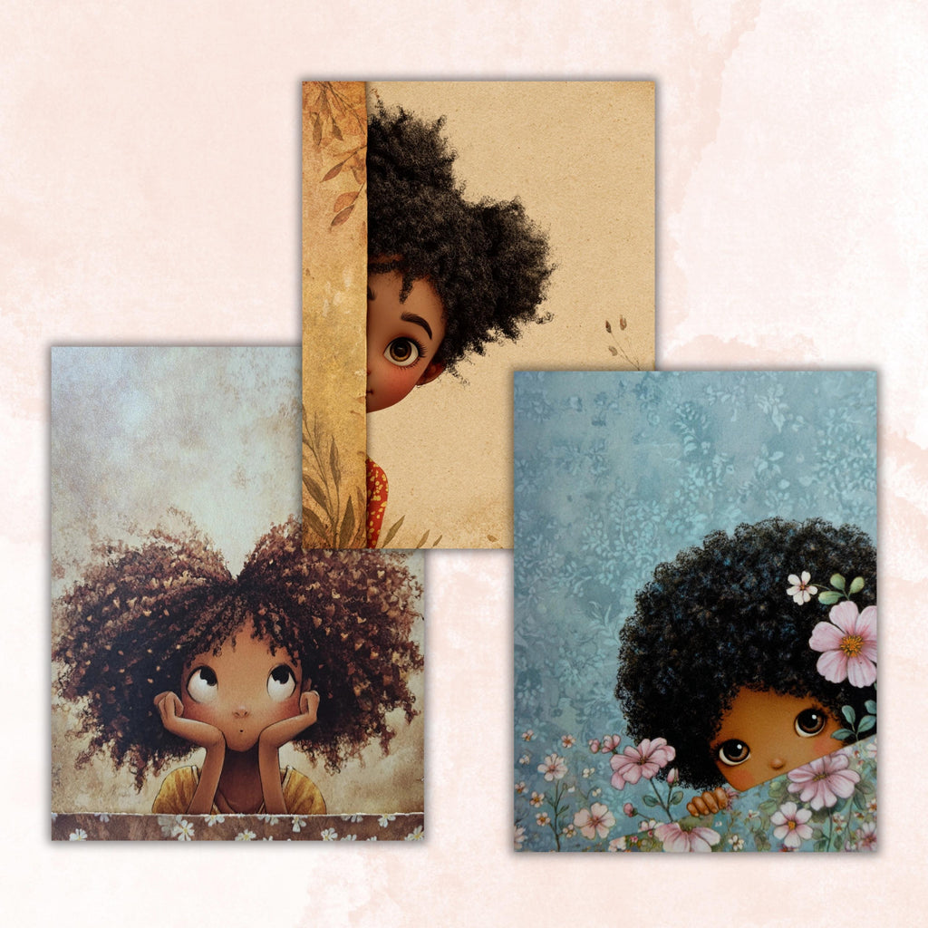 41 Peeking Black Girl Border Lined Pages Printable, Letter Size Afro Girl Writing Paper Stationery Commercial Use