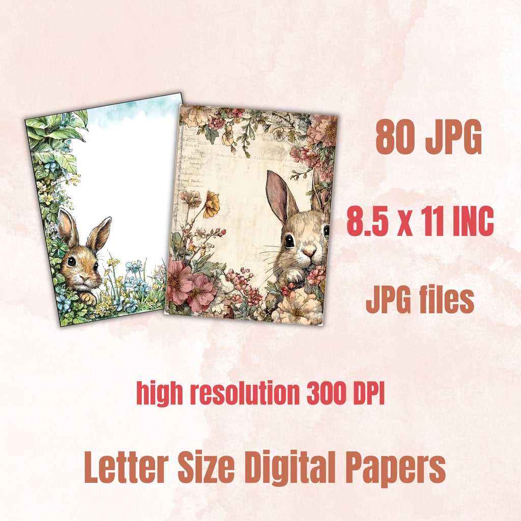 80 Peeking Bunny Border Lined Pages Printable, Letter Size Easter Rabbit Writing Paper Stationery Commercial Use