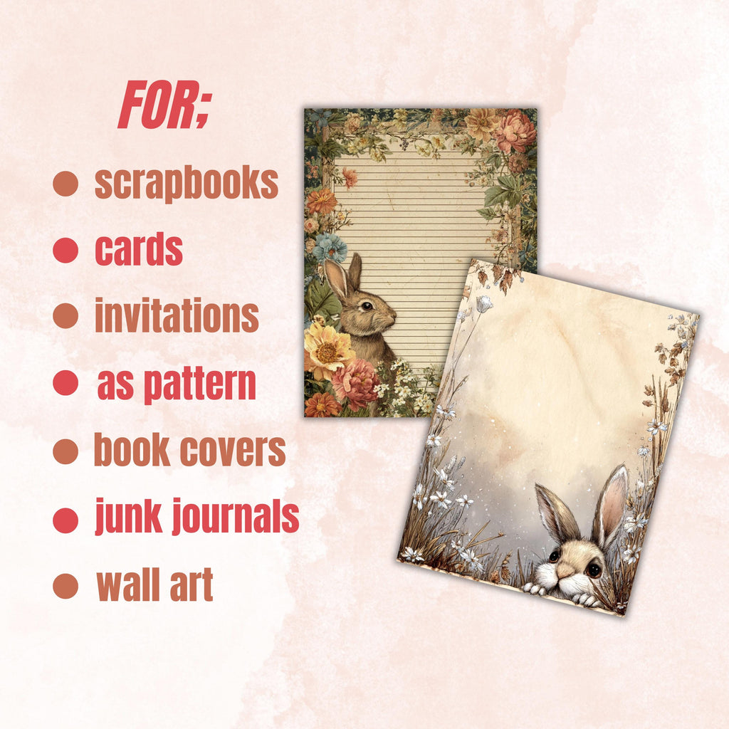 80 Peeking Bunny Border Lined Pages Printable, Letter Size Easter Rabbit Writing Paper Stationery Commercial Use