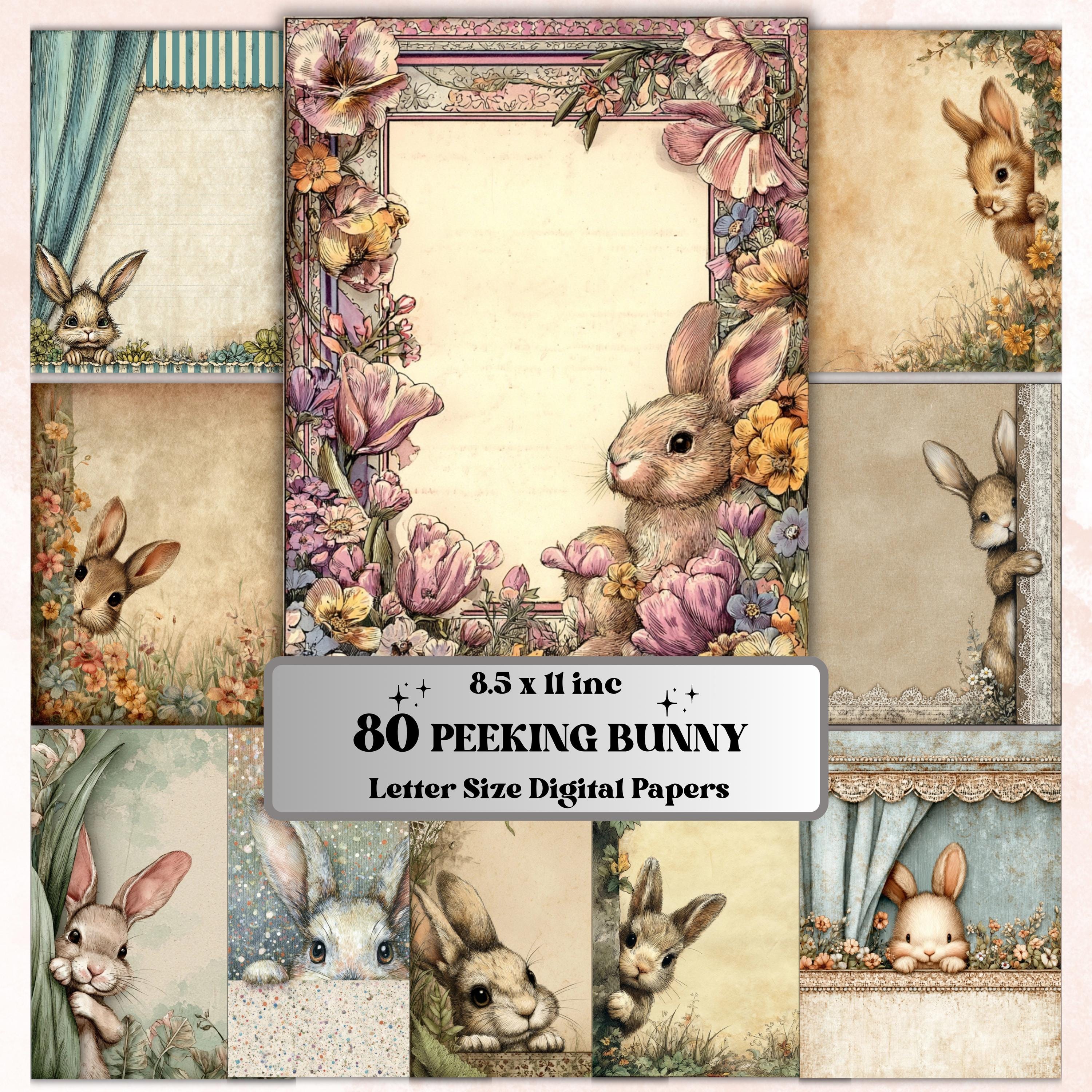 80 Peeking Bunny Border Lined Pages Printable, Letter Size Easter Rabbit Writing Paper Stationery Commercial Use