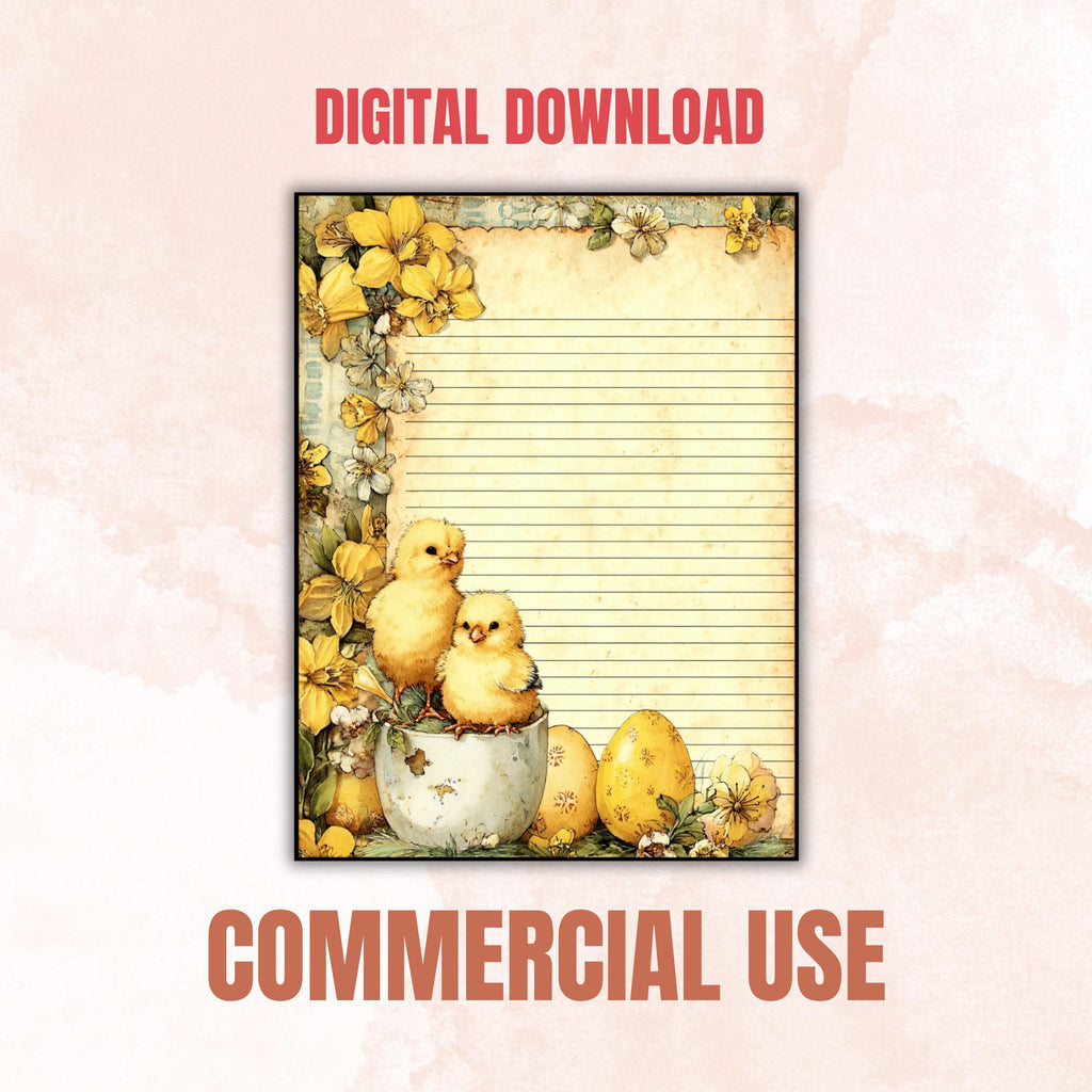 40 Peeking Chick Border Lined Pages Printable, Letter Size Easter Chick Writing Paper Stationery Commercial Use
