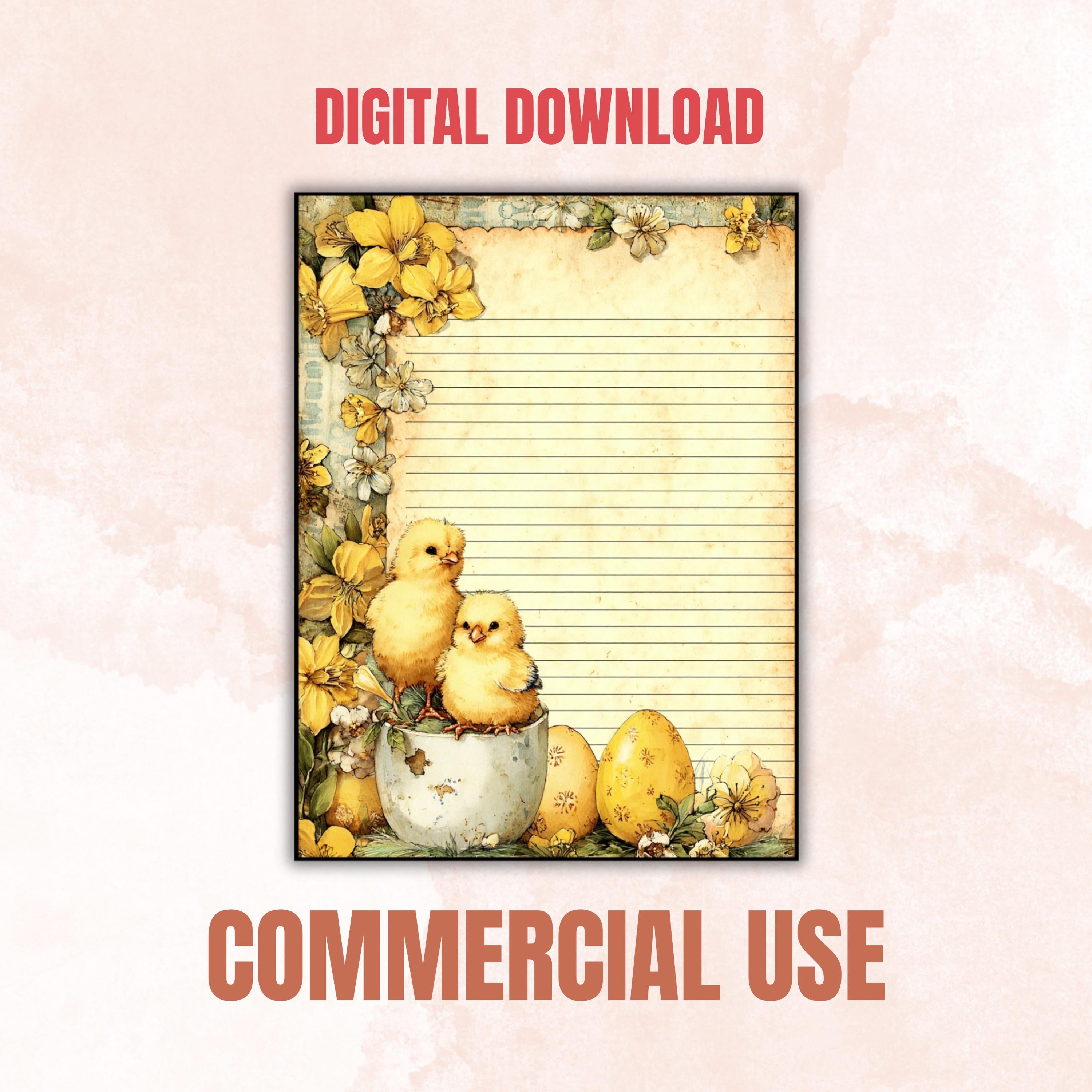 40 Peeking Chick Border Lined Pages Printable, Letter Size Easter Chick Writing Paper Stationery Commercial Use