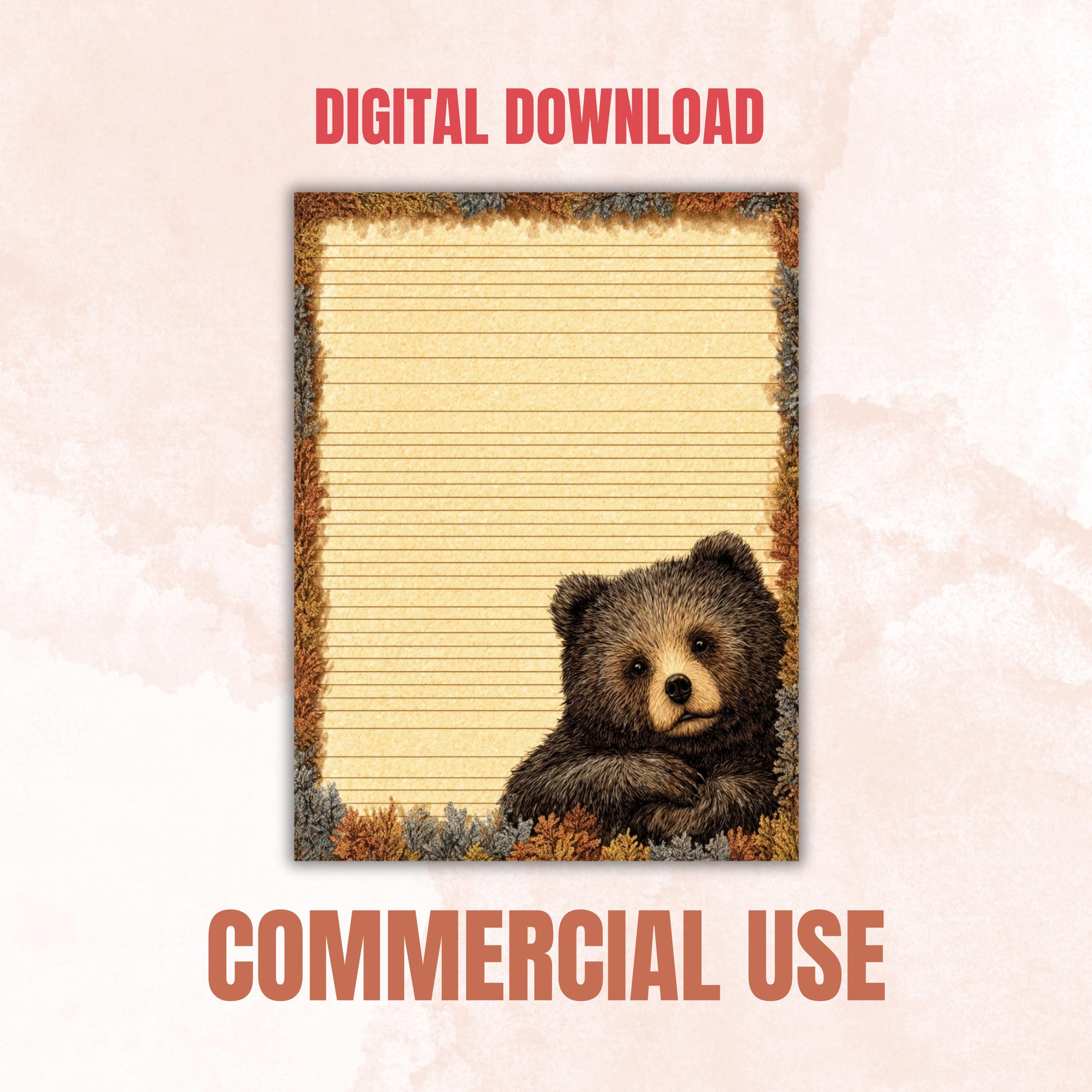 66 Peeking Bear Border Lined Pages Printable, Letter Size Teddy Bear Writing Paper Stationery Commercial Use