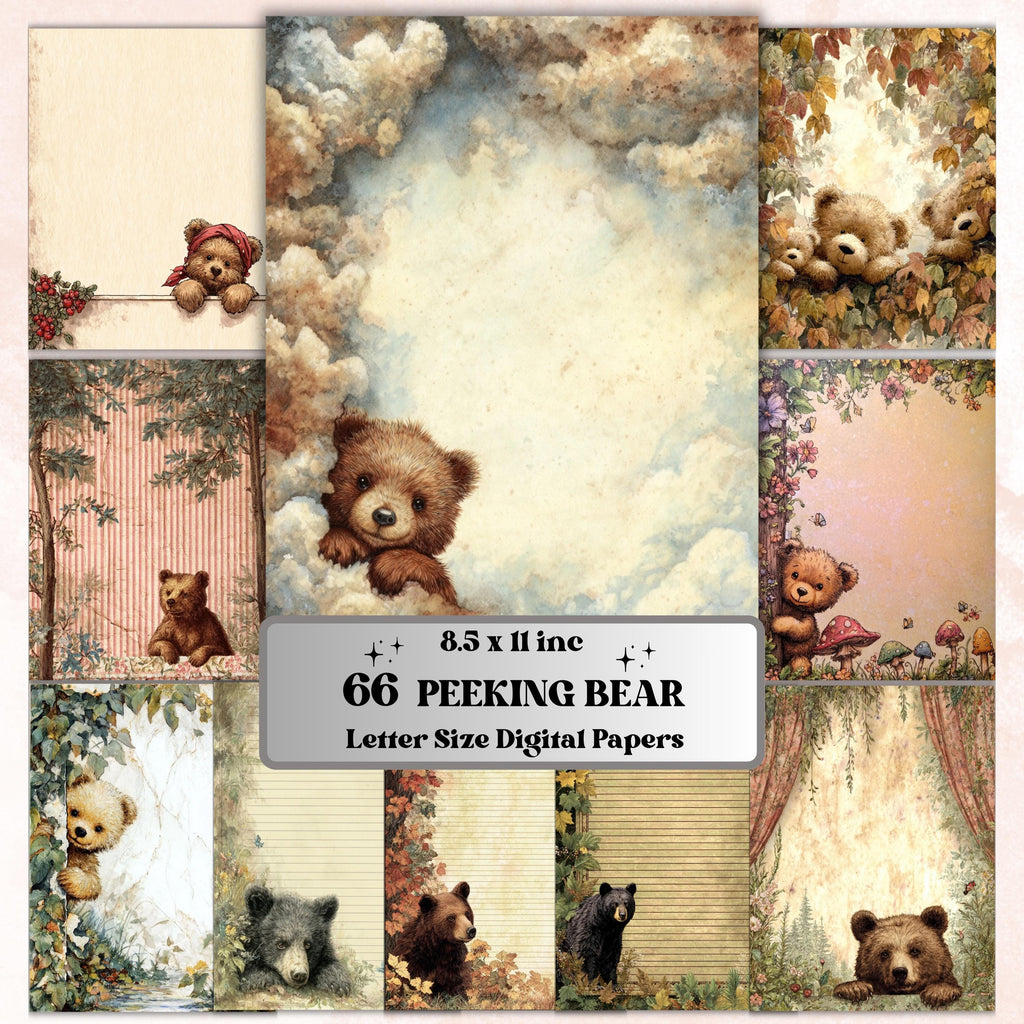 66 Peeking Bear Border Lined Pages Printable, Letter Size Teddy Bear Writing Paper Stationery Commercial Use