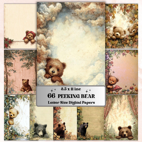 66 Peeking Bear Border Lined Pages Printable, Letter Size Teddy Bear Writing Paper Stationery Commercial Use
