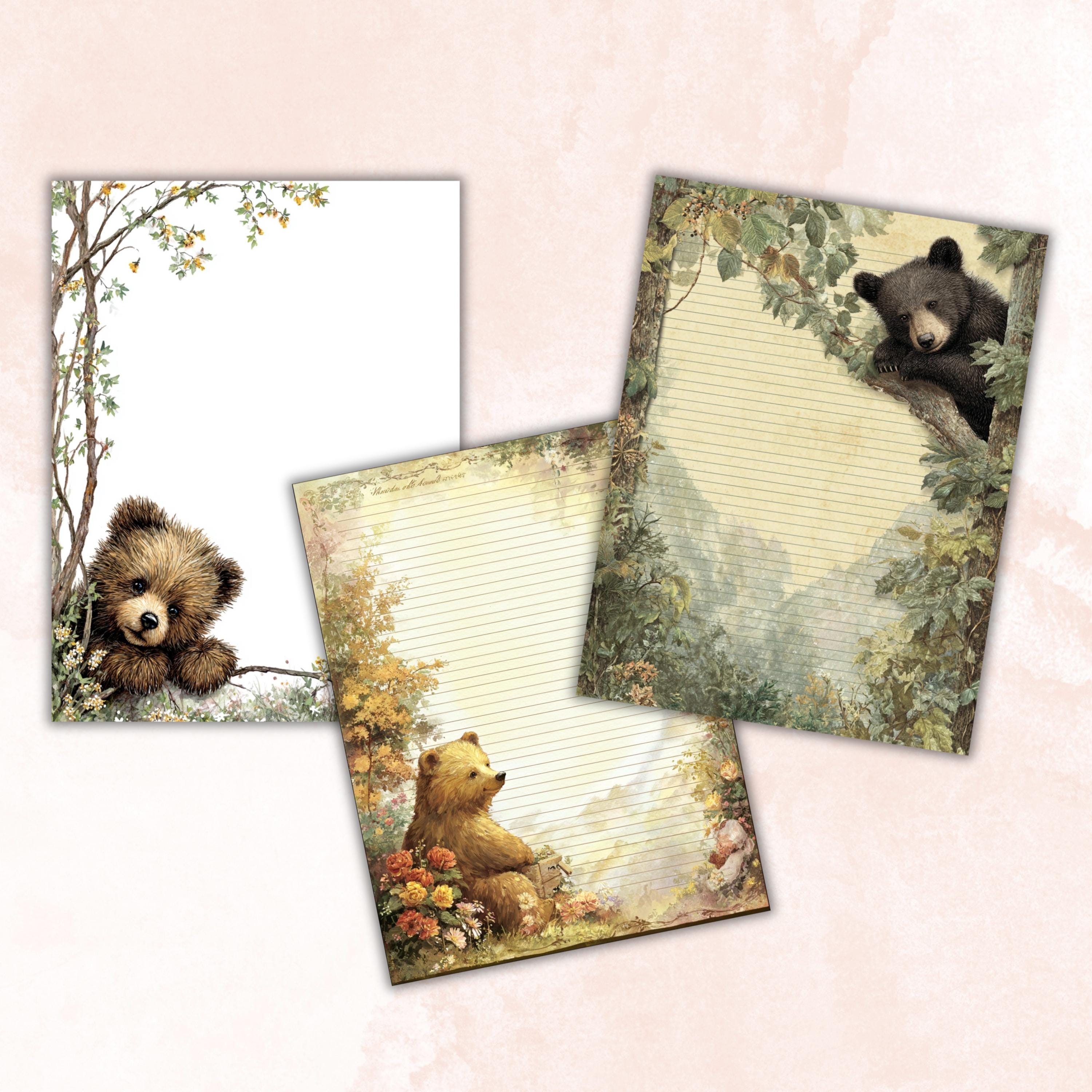 66 Peeking Bear Border Lined Pages Printable, Letter Size Teddy Bear Writing Paper Stationery Commercial Use