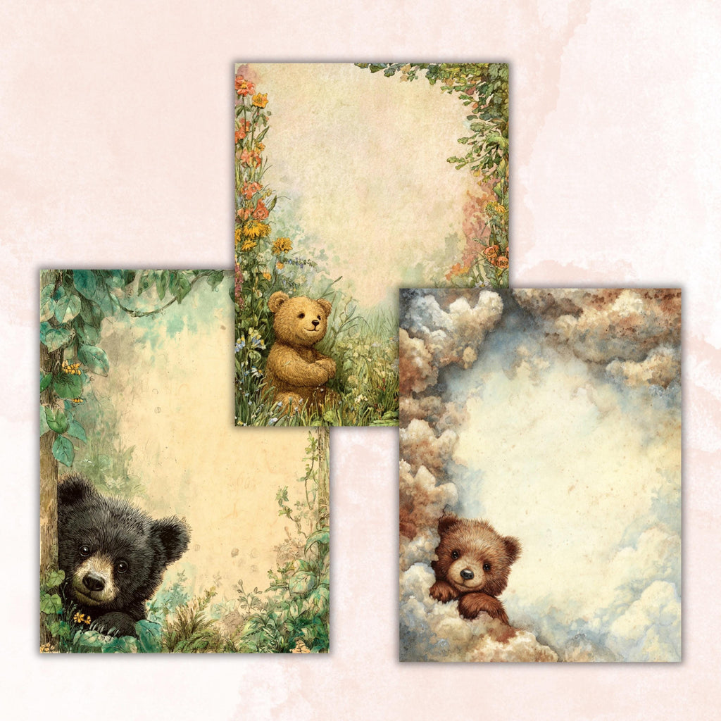66 Peeking Bear Border Lined Pages Printable, Letter Size Teddy Bear Writing Paper Stationery Commercial Use