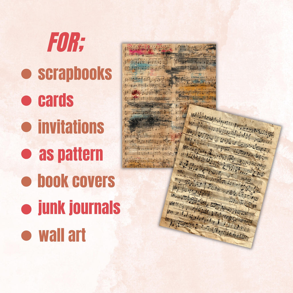 Grunge Music Sheet Pages, Vintage Sheet Music Backgrounds, Junk Journal Paper, Musical Collage Printable, Letter Size