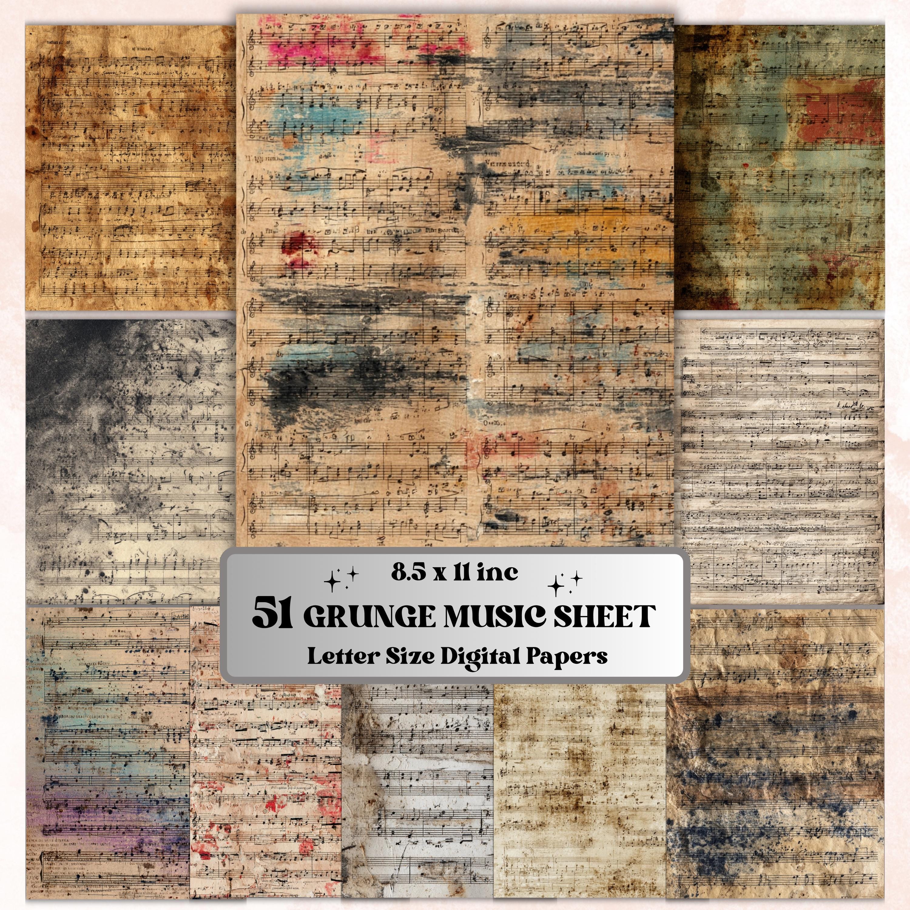 Grunge Music Sheet Pages, Vintage Sheet Music Backgrounds, Junk Journal Paper, Musical Collage Printable, Letter Size