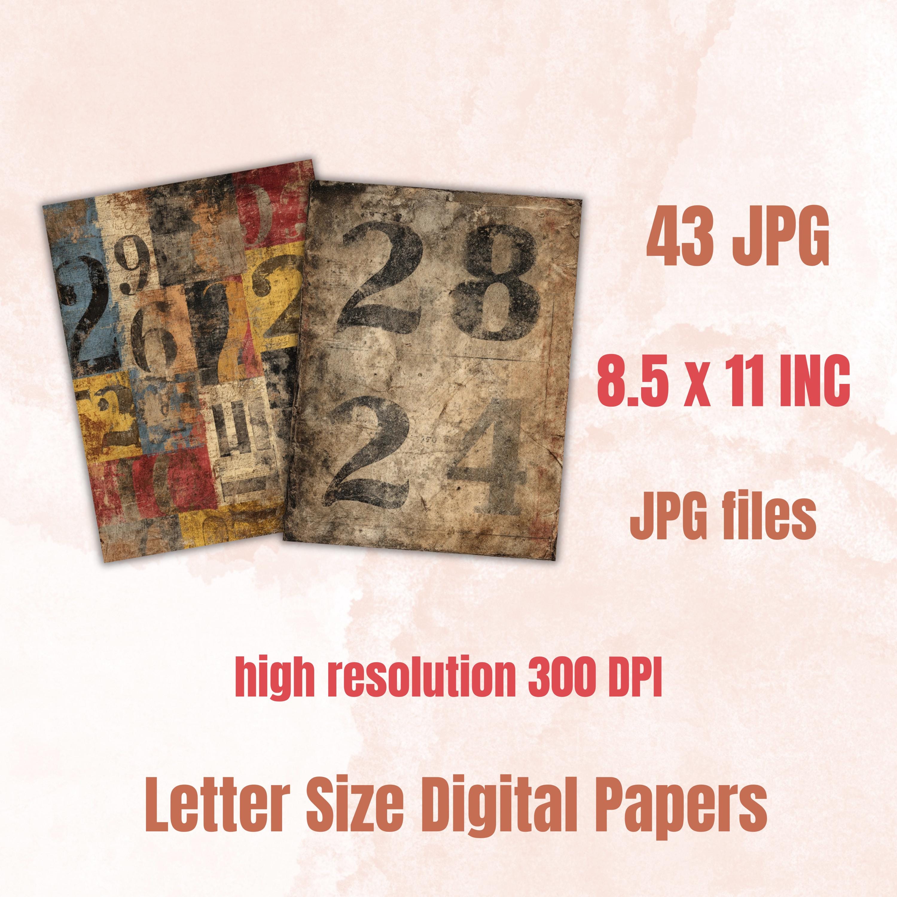 Grunge Old Numbers Pages, Vintage Number Backgrounds, Typography Junk Journal Paper, Ephemera Collage Printable, Letter Size