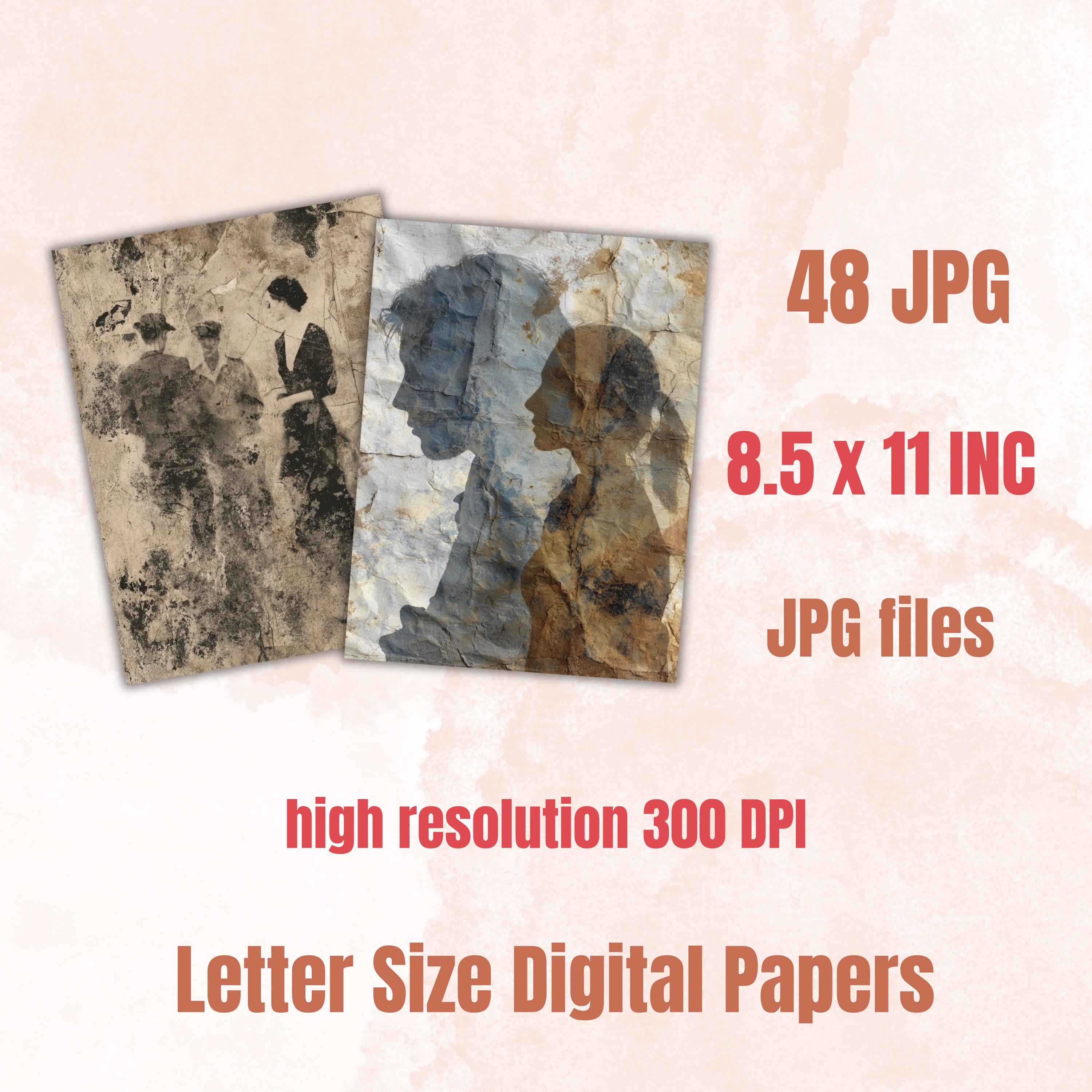Grunge People Pages, Vintage Portrait Collage Backgrounds, Human Figure Junk Journal Paper, Mixed Media Printable, Letter Size