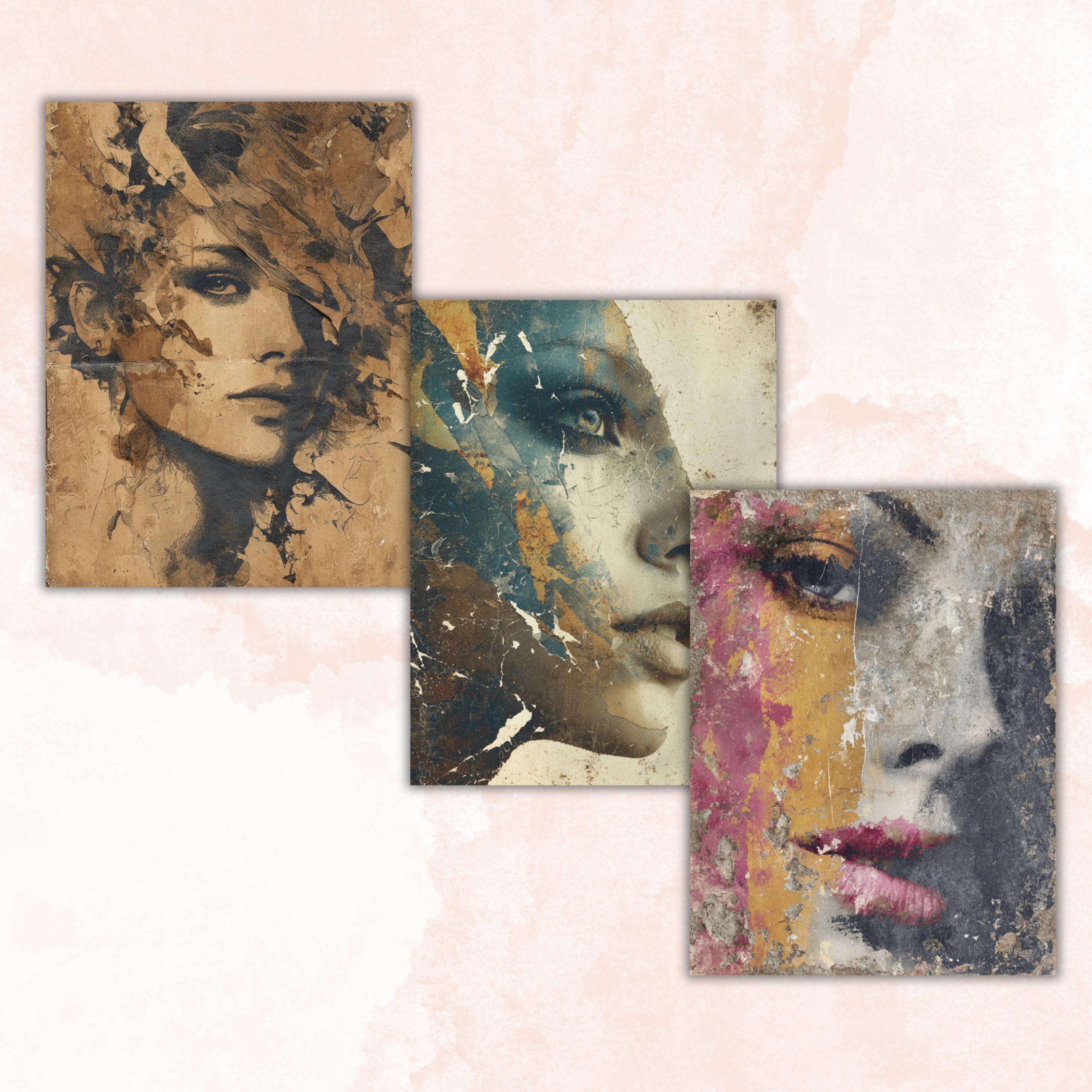 Grunge Woman Pages, Feminine Portrait Collage Backgrounds, Vintage Female Junk Journal Paper, Mixed Media Printable, Letter Size