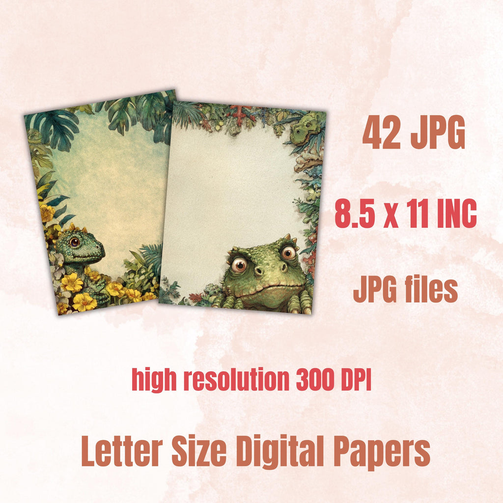 42 Dinosaur Border Lined Pages Printable, Letter Size Dino Writing Paper Kids Stationery Commercial Use