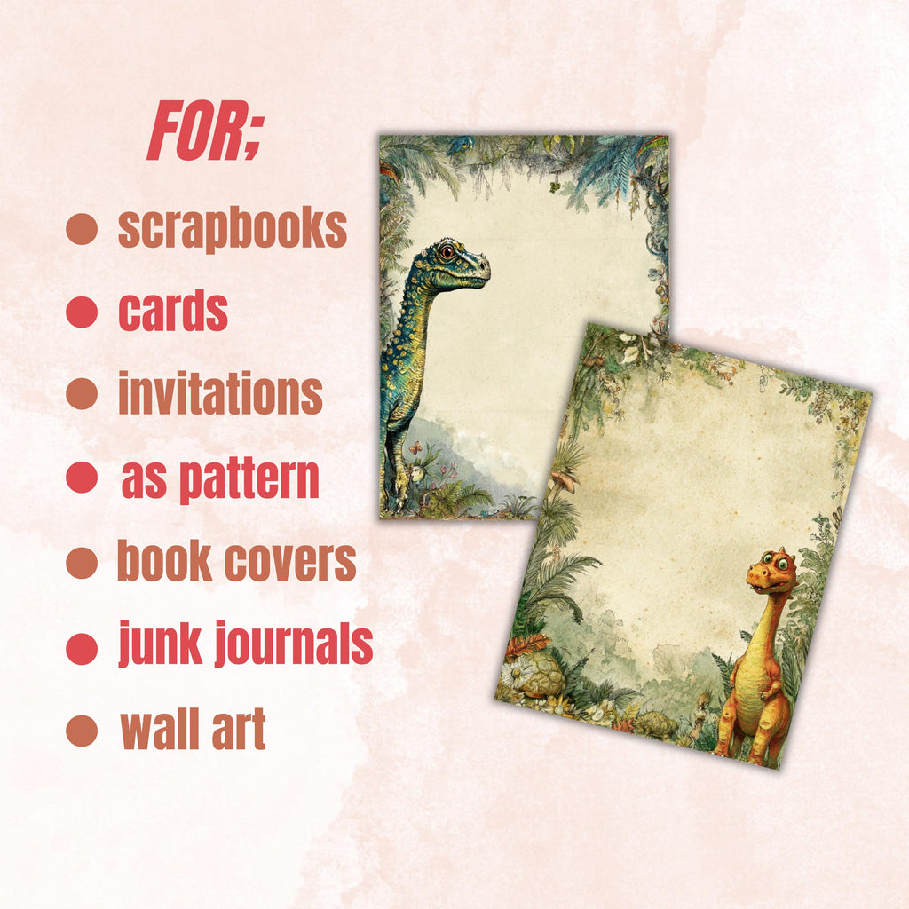 42 Dinosaur Border Lined Pages Printable, Letter Size Dino Writing Paper Kids Stationery Commercial Use