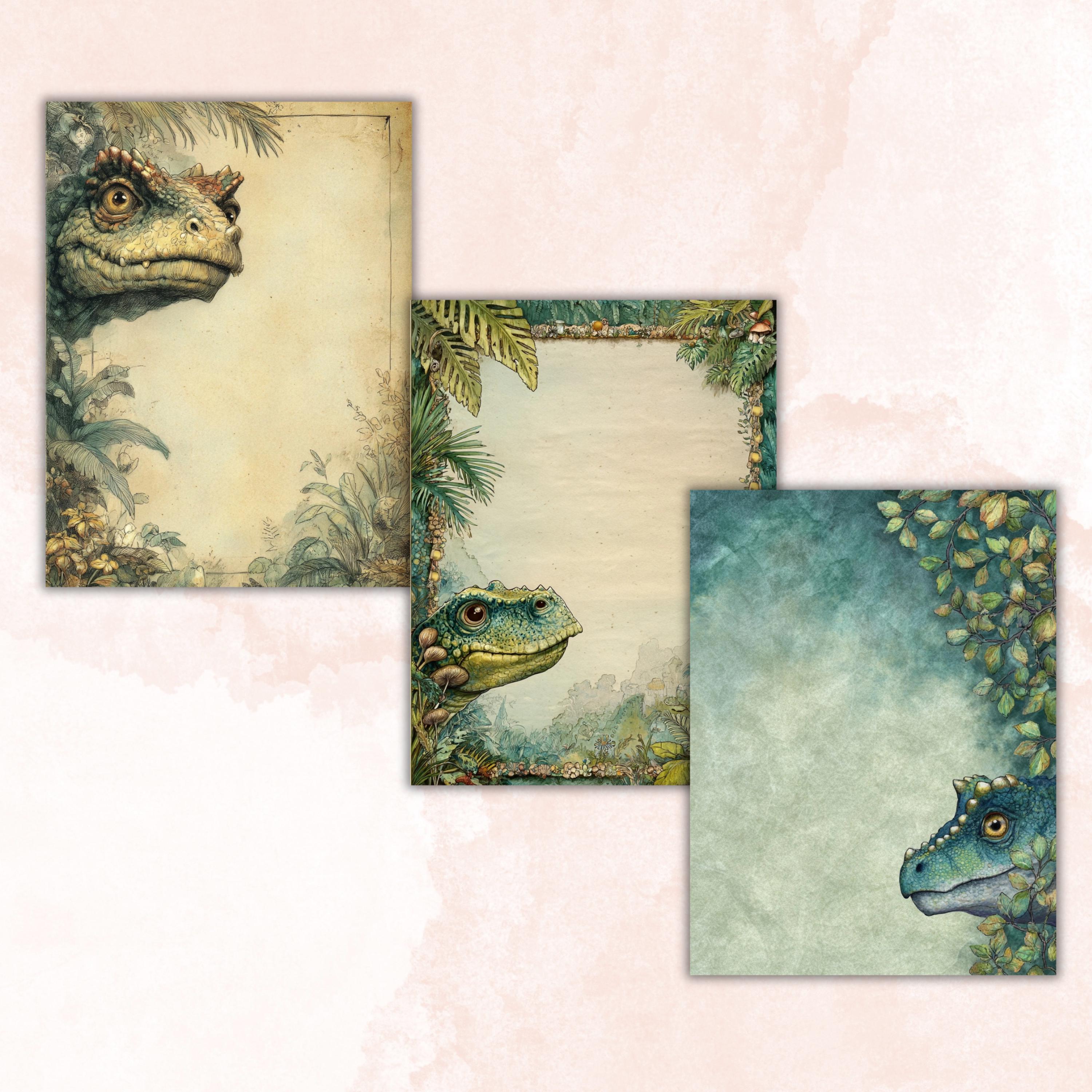 42 Dinosaur Border Lined Pages Printable, Letter Size Dino Writing Paper Kids Stationery Commercial Use