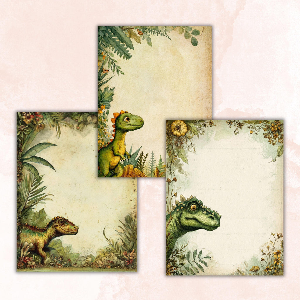 42 Dinosaur Border Lined Pages Printable, Letter Size Dino Writing Paper Kids Stationery Commercial Use