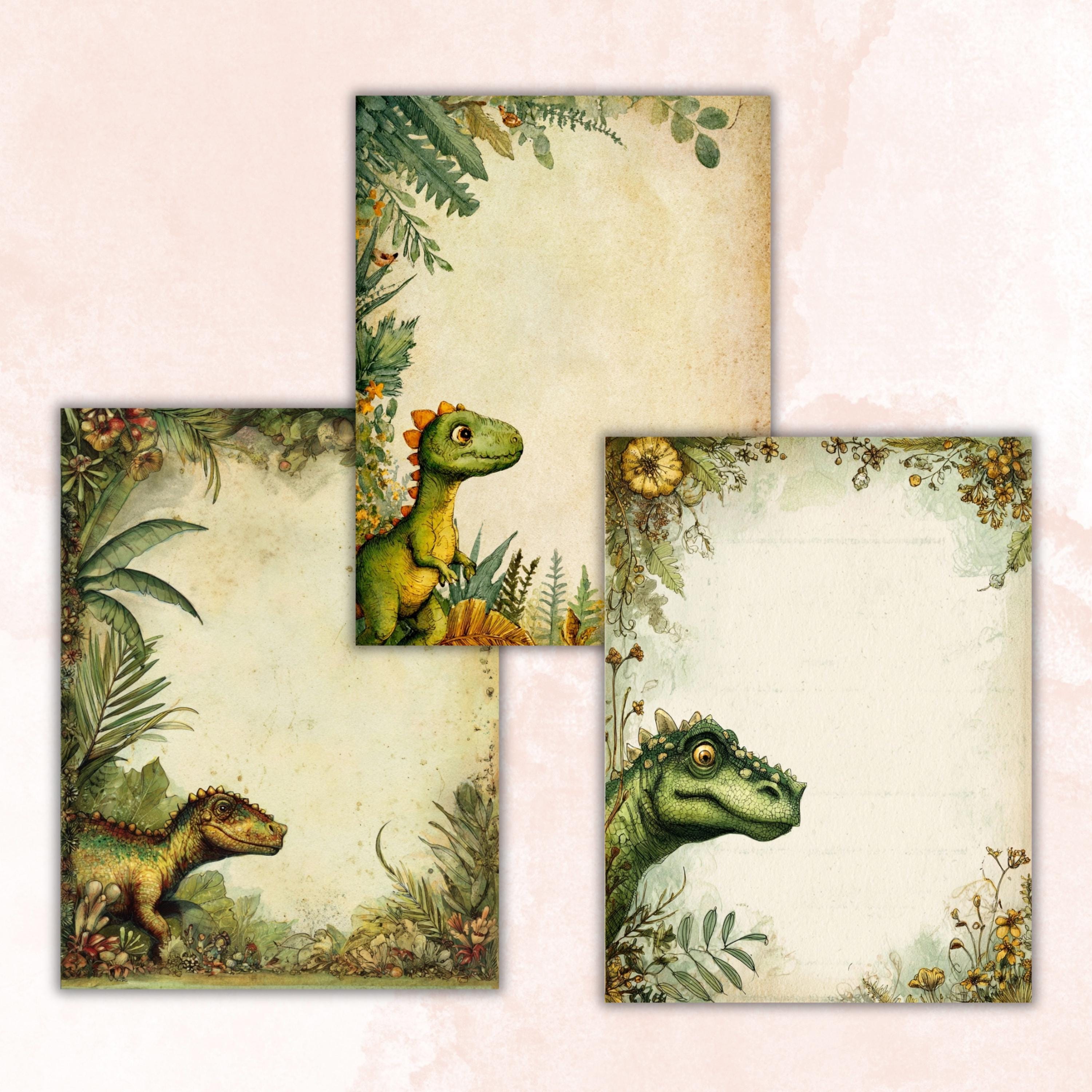 42 Dinosaur Border Lined Pages Printable, Letter Size Dino Writing Paper Kids Stationery Commercial Use
