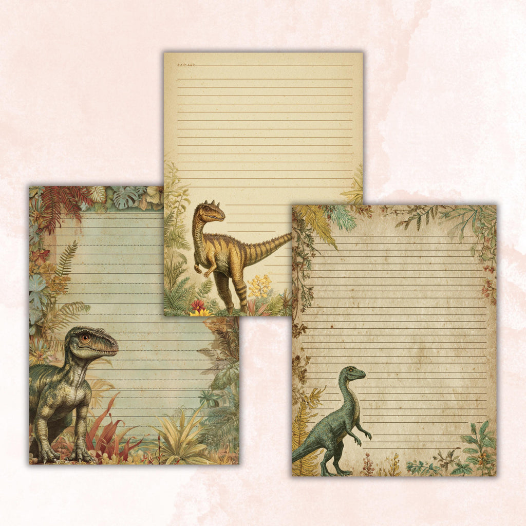 42 Dinosaur Border Lined Pages Printable, Letter Size Dino Writing Paper Kids Stationery Commercial Use